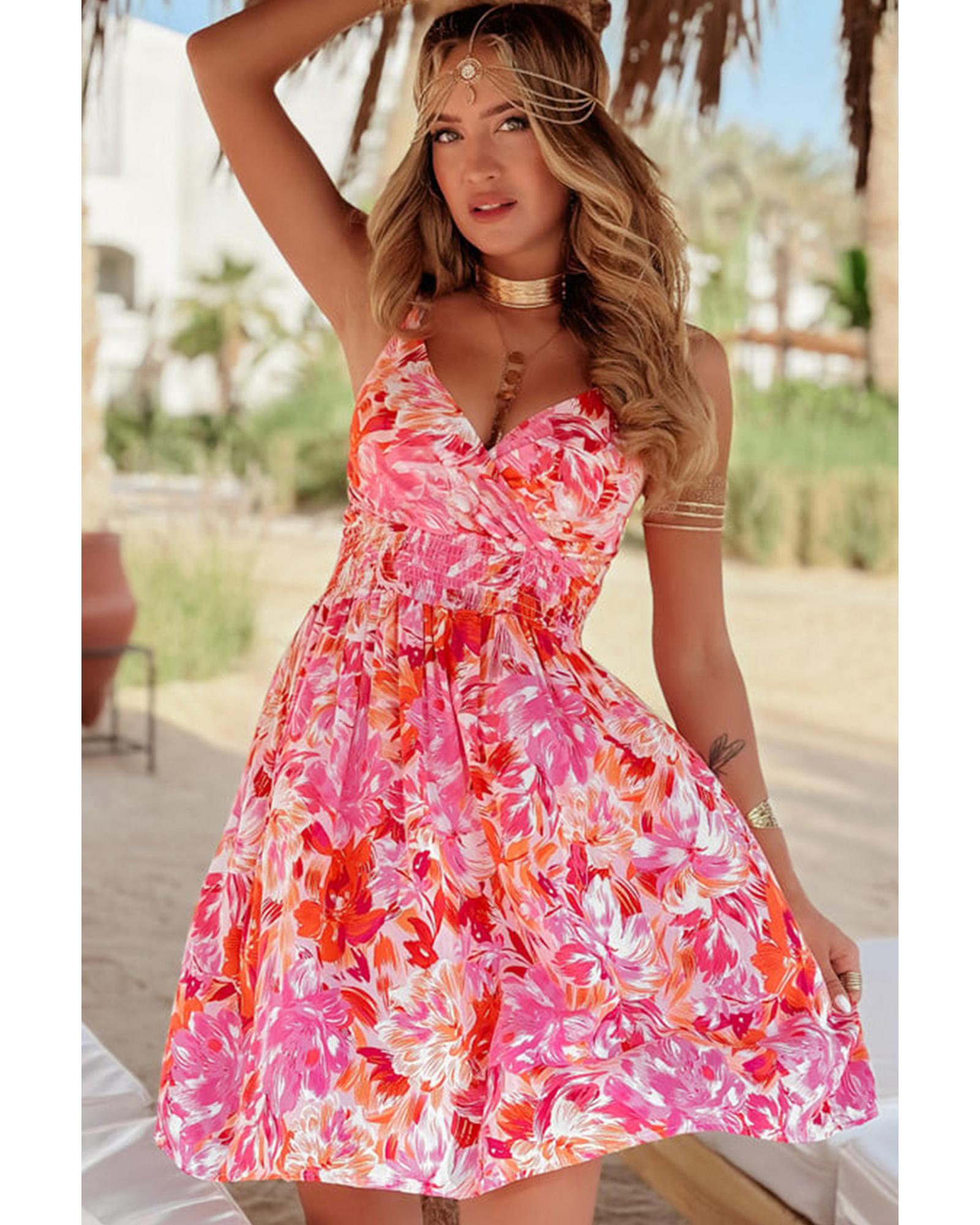 Red Floral Spaghetti Strap Surplice Neck Shirred Waist Mini Dress - M