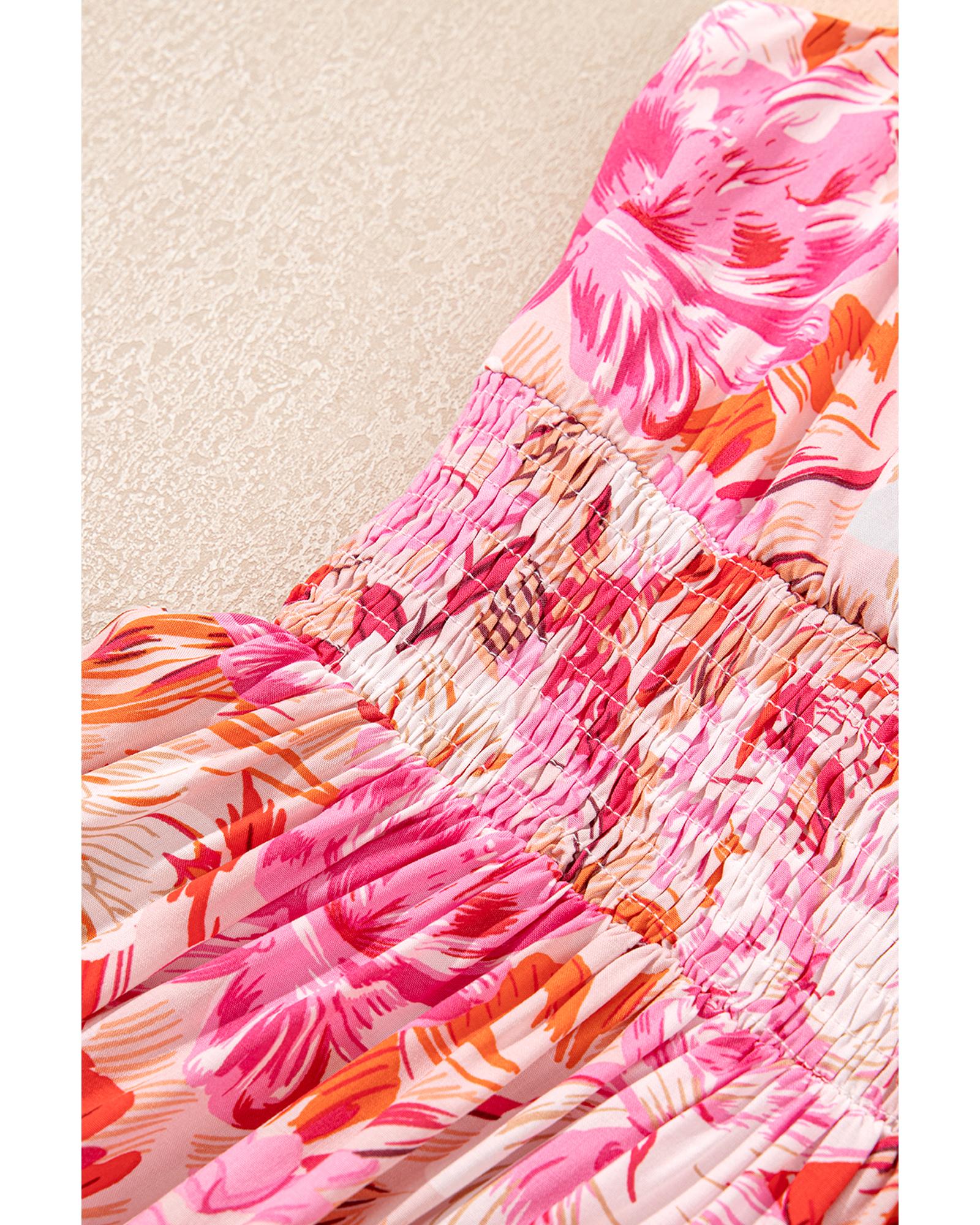 Red Floral Spaghetti Strap Surplice Neck Shirred Waist Mini Dress - M