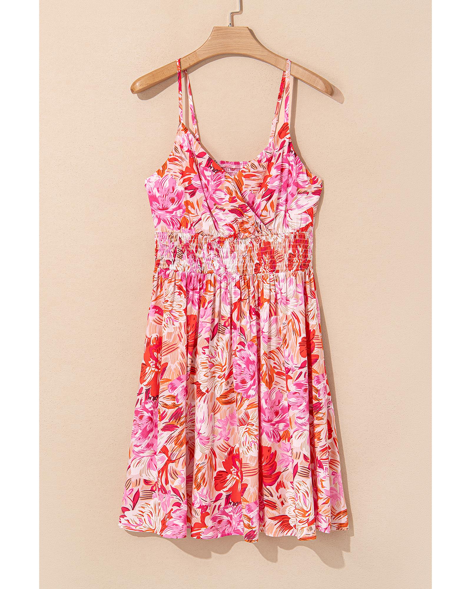 Red Floral Spaghetti Strap Surplice Neck Shirred Waist Mini Dress - S