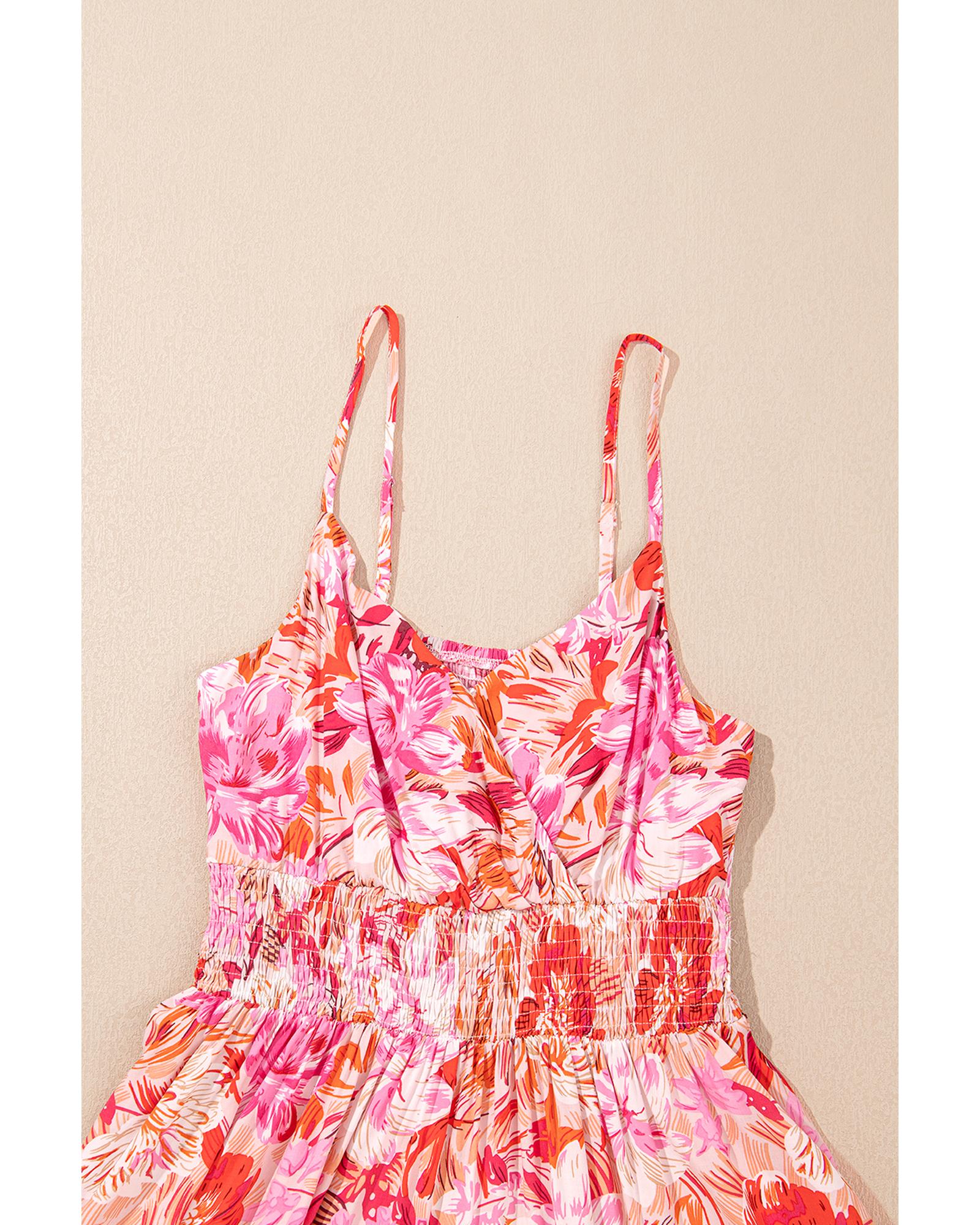 Red Floral Spaghetti Strap Surplice Neck Shirred Waist Mini Dress - S