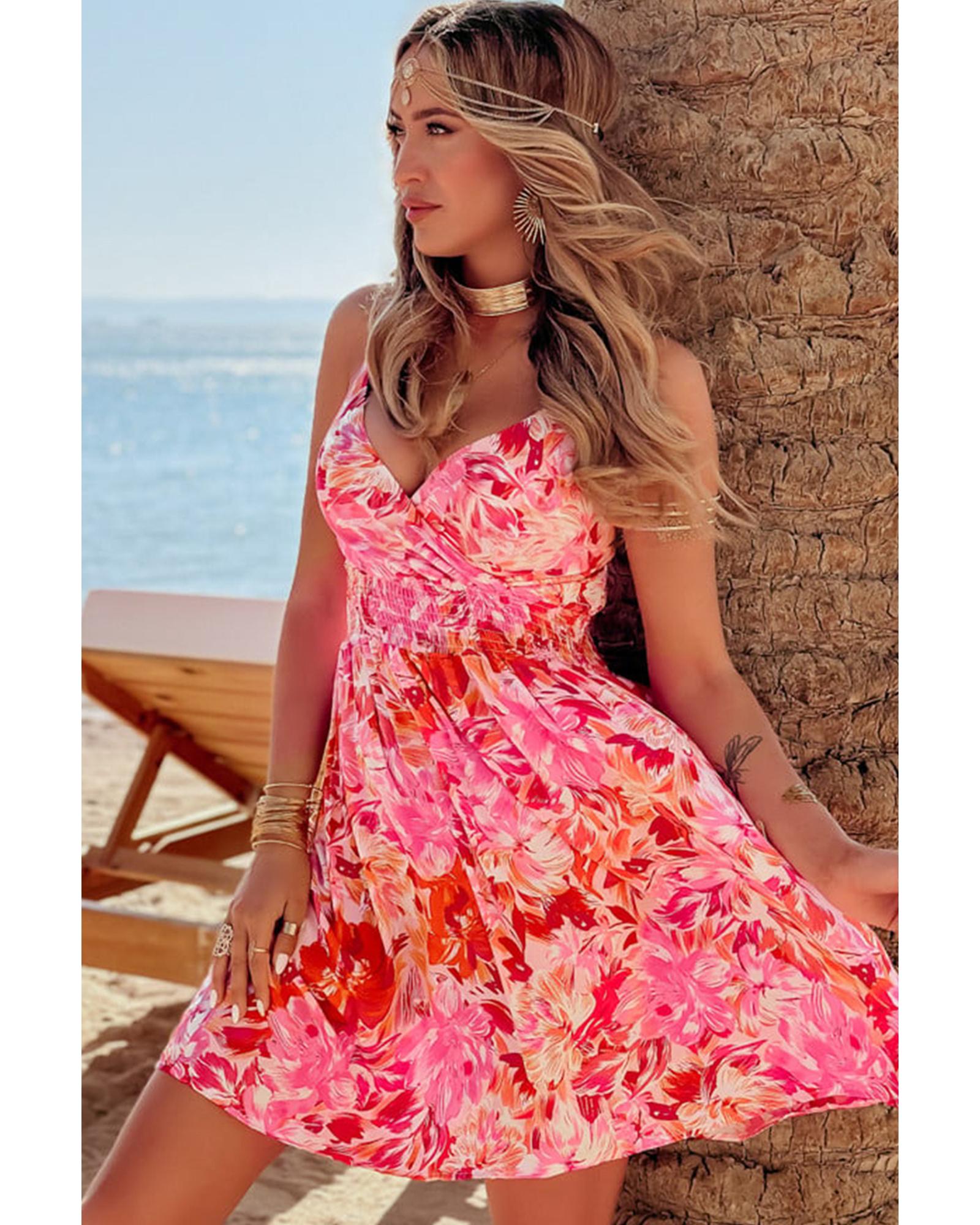 Red Floral Spaghetti Strap Surplice Neck Shirred Waist Mini Dress - XL