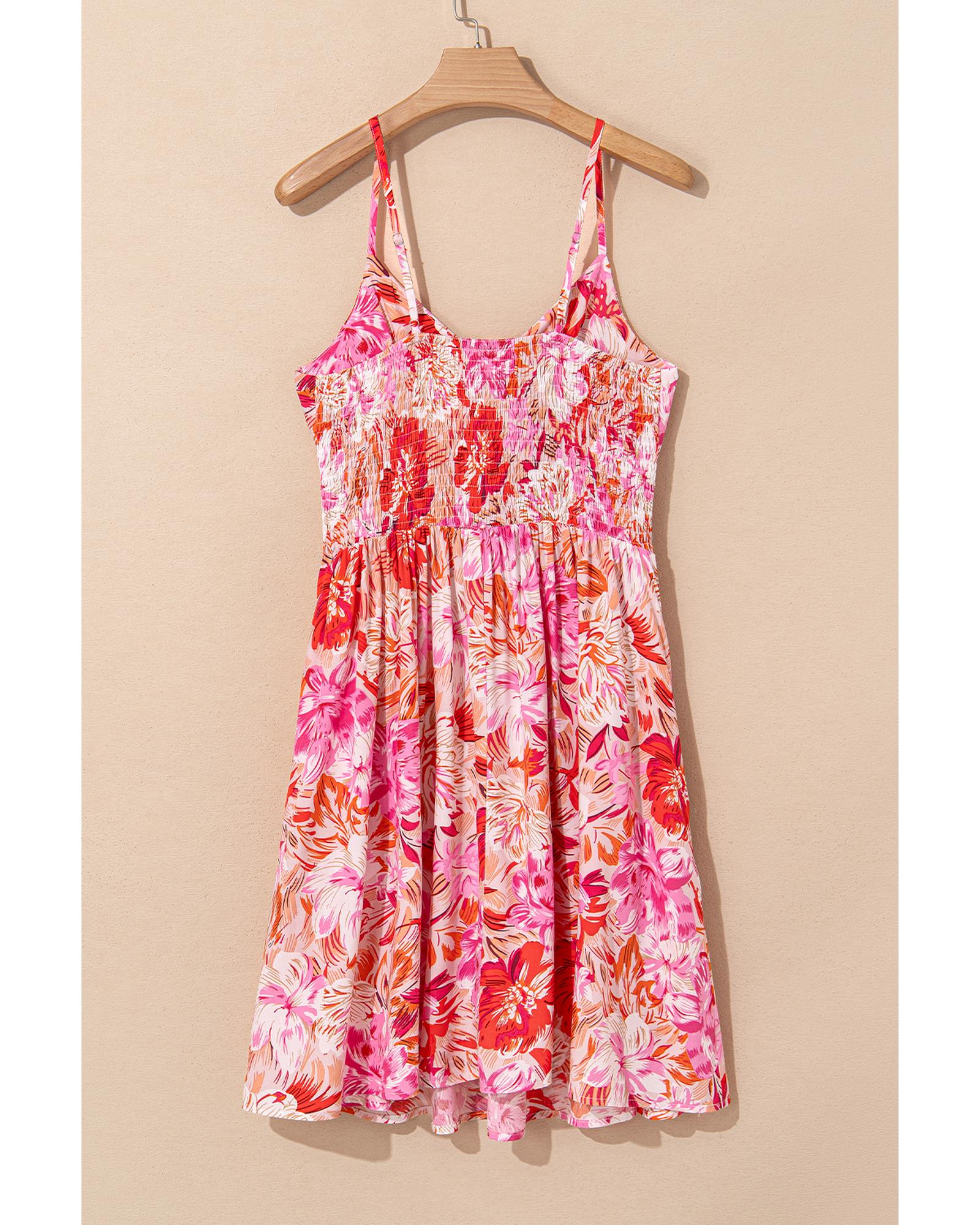 Red Floral Spaghetti Strap Surplice Neck Shirred Waist Mini Dress - XL