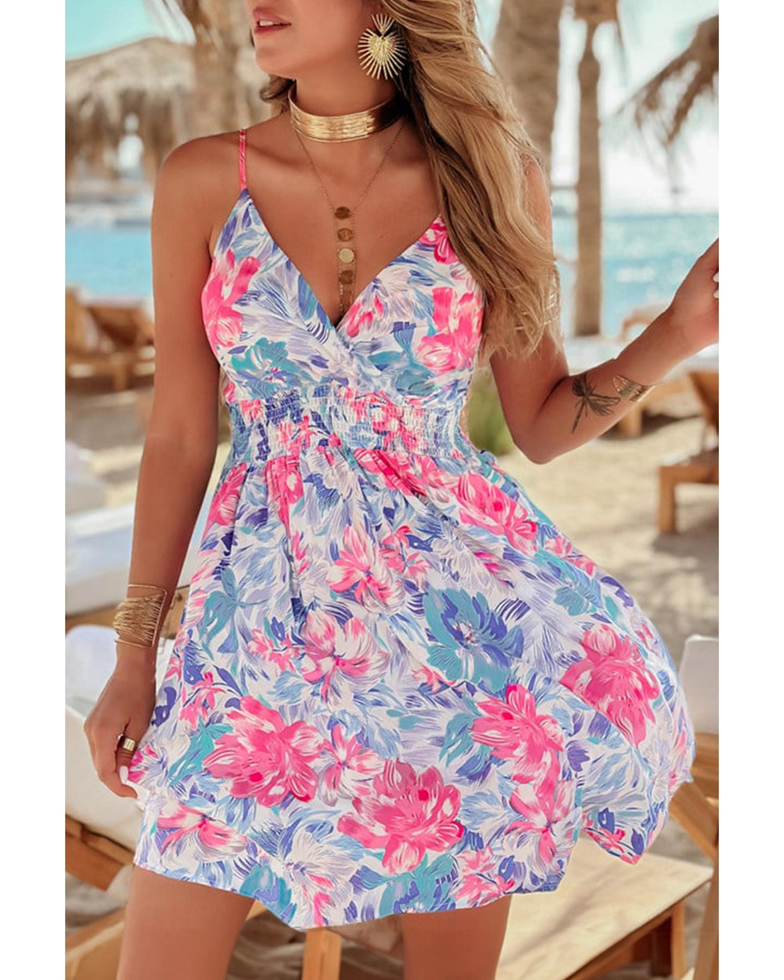 Sky Blue Floral Spaghetti Strap Surplice Neck Shirred Waist Mini Dress - M