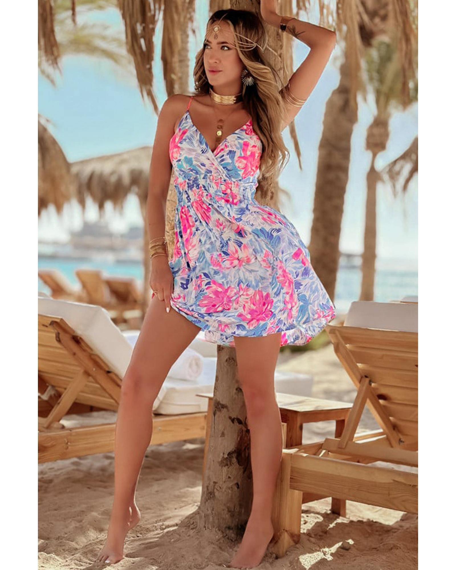 Sky Blue Floral Spaghetti Strap Surplice Neck Shirred Waist Mini Dress - M