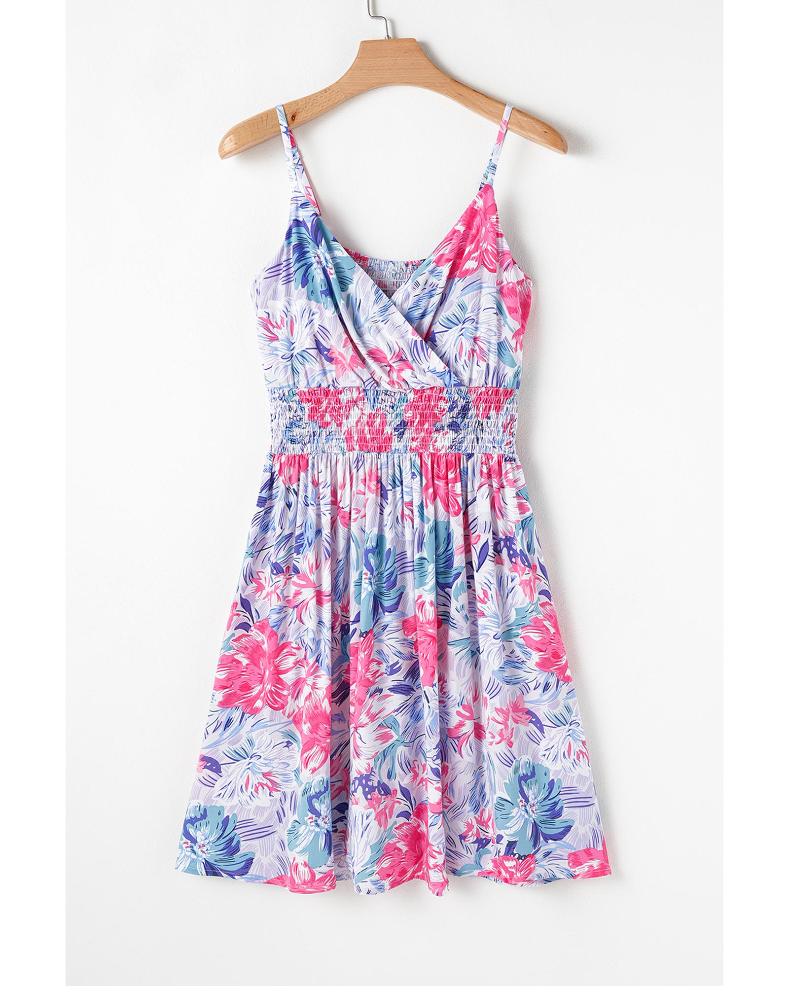 Sky Blue Floral Spaghetti Strap Surplice Neck Shirred Waist Mini Dress - M