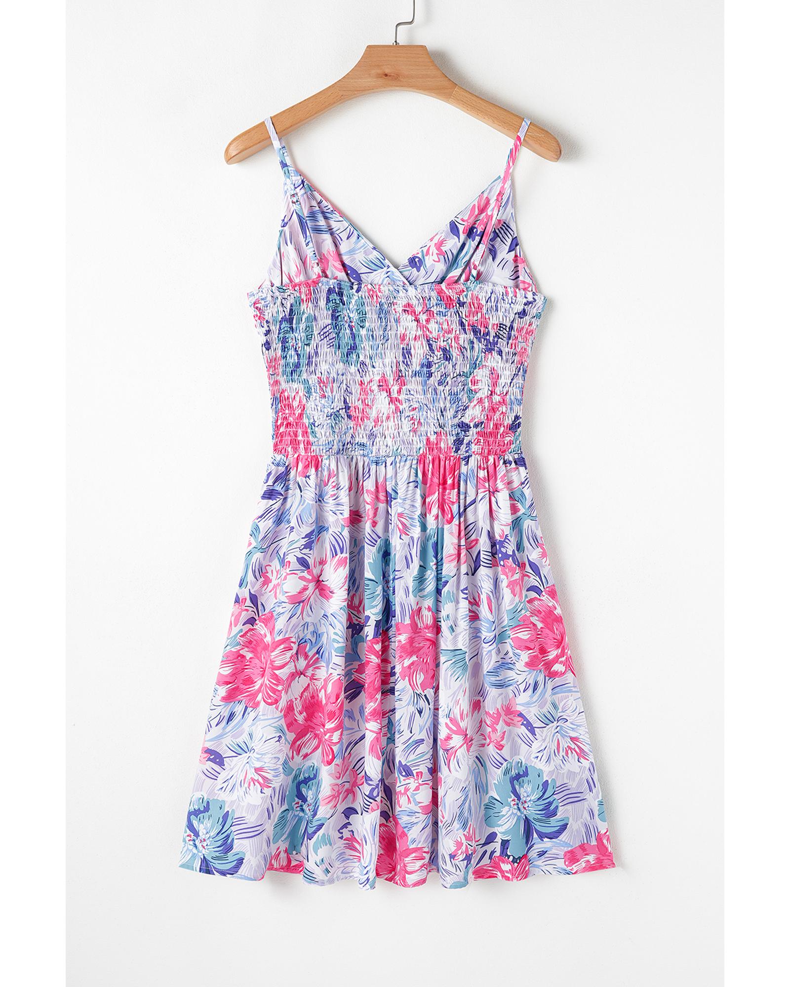 Sky Blue Floral Spaghetti Strap Surplice Neck Shirred Waist Mini Dress - M