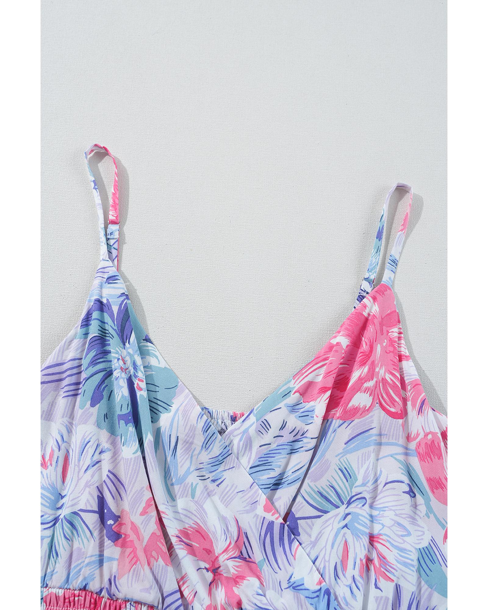 Sky Blue Floral Spaghetti Strap Surplice Neck Shirred Waist Mini Dress - M