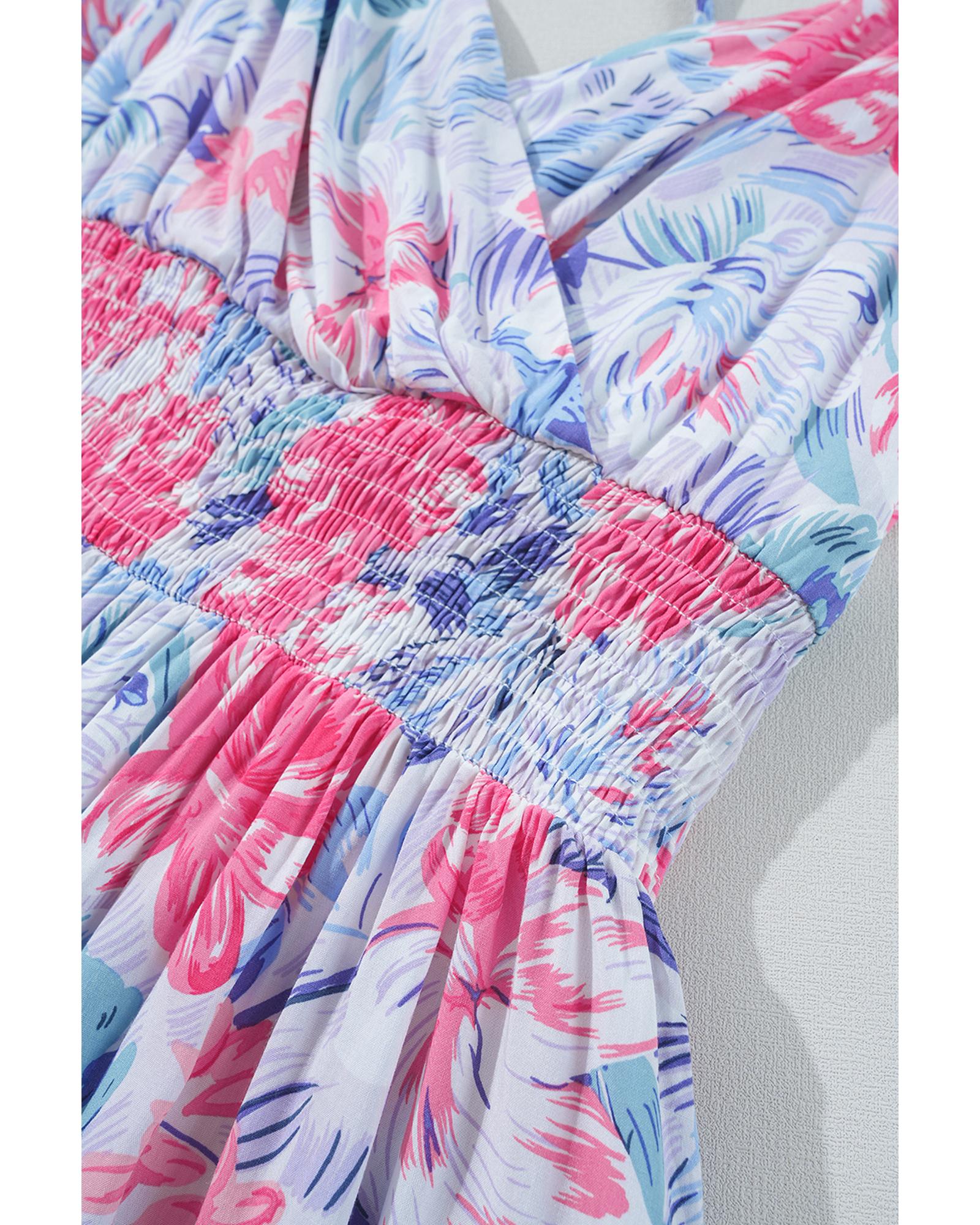 Sky Blue Floral Spaghetti Strap Surplice Neck Shirred Waist Mini Dress - M