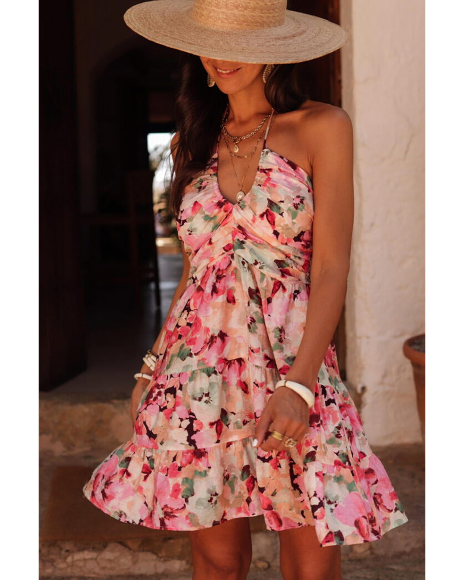 Pink Floral Sleeveless Halter Neck Shirred Back Ruffled Mini Dress - L