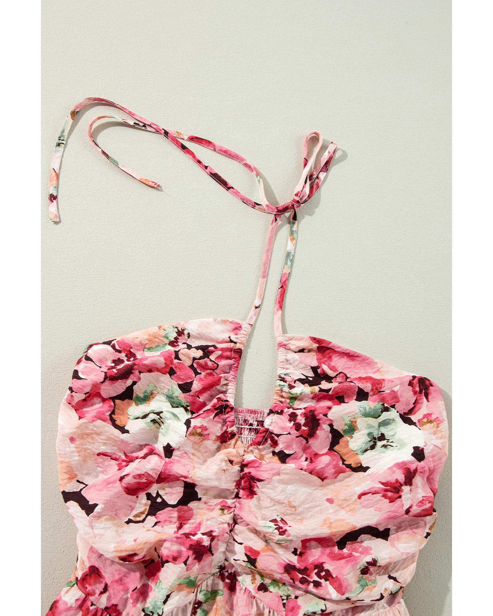 Pink Floral Sleeveless Halter Neck Shirred Back Ruffled Mini Dress - L