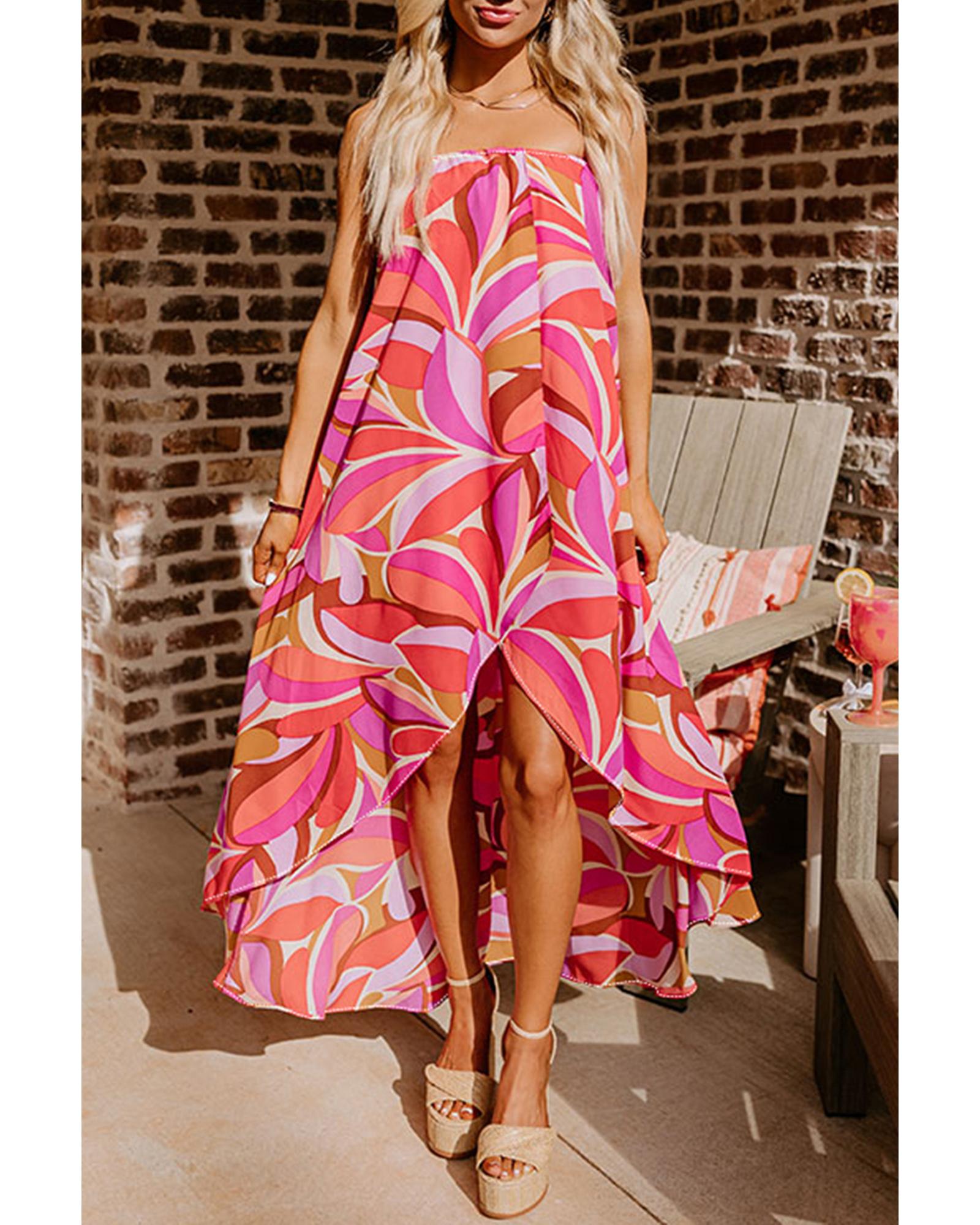 Rose Floral High Low Bandeau Vacay Dress - S