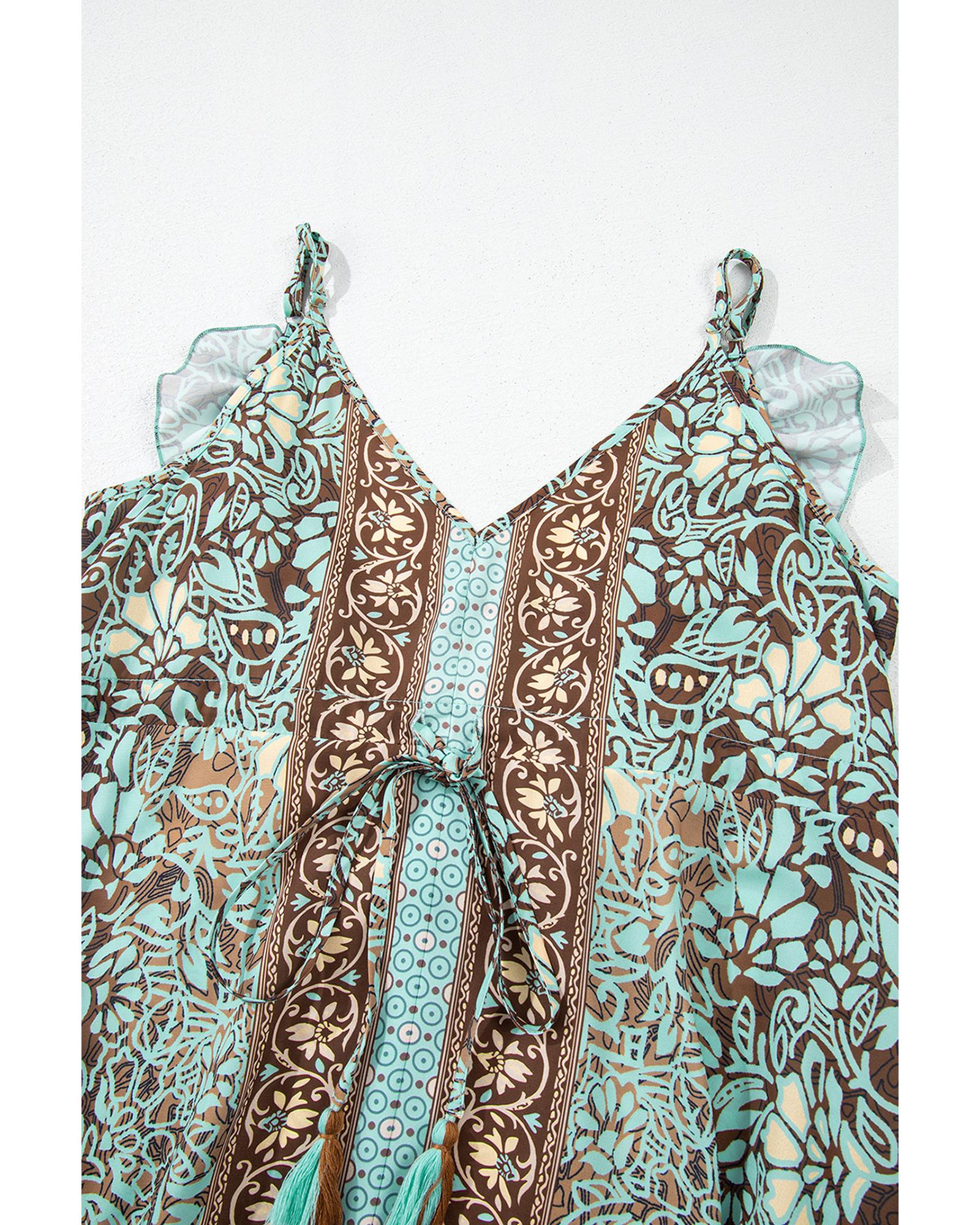 Green Floral Print V Neck Ruffled Trim Backless Tassel Waist Maxi Dress - L