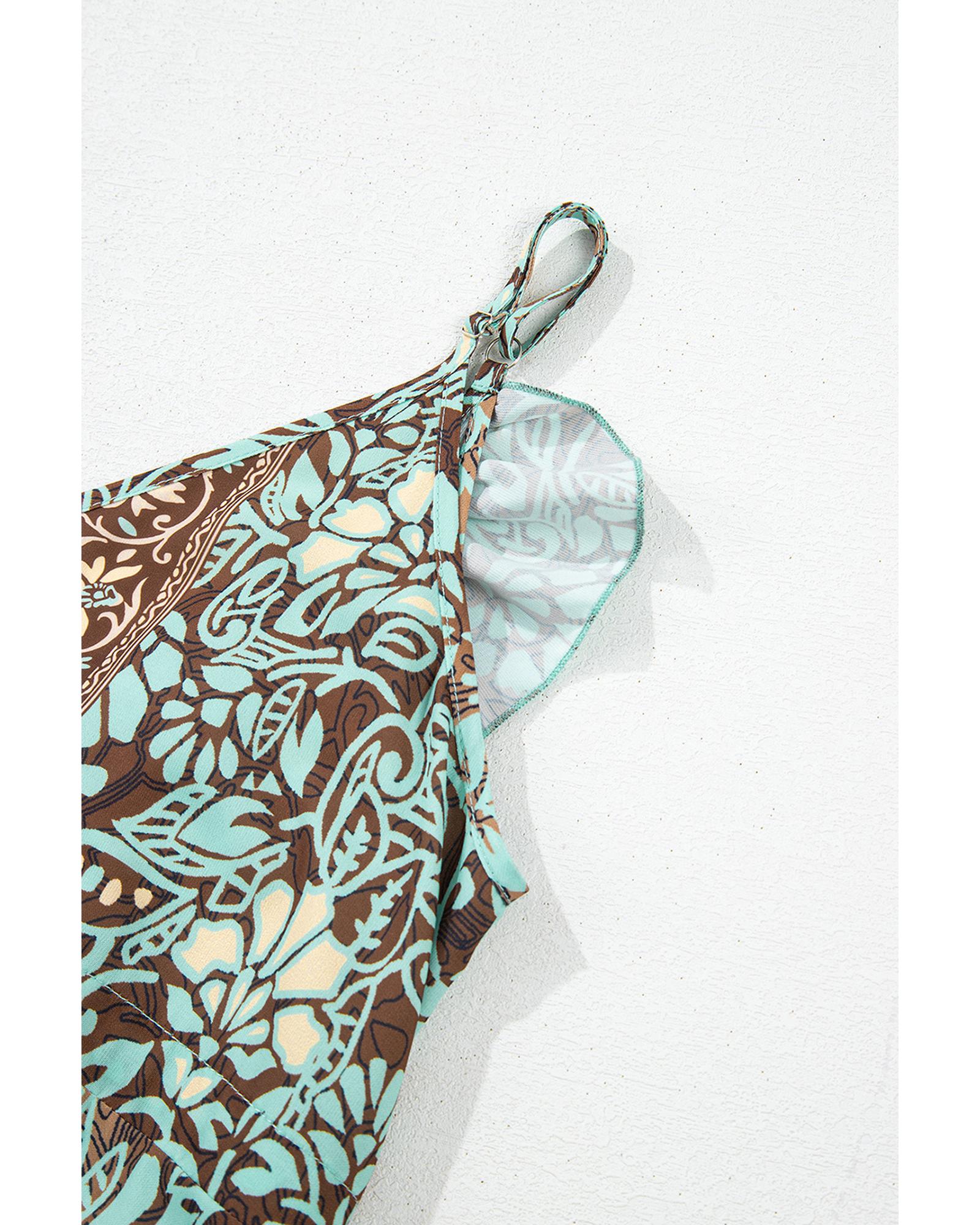 Green Floral Print V Neck Ruffled Trim Backless Tassel Waist Maxi Dress - L