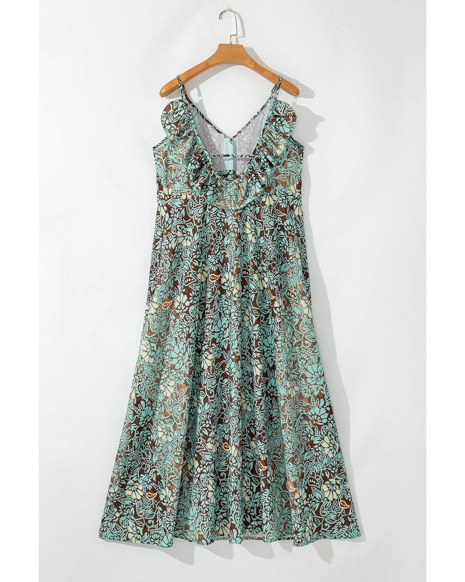 Green Floral Print V Neck Ruffled Trim Backless Tassel Waist Maxi Dress - M