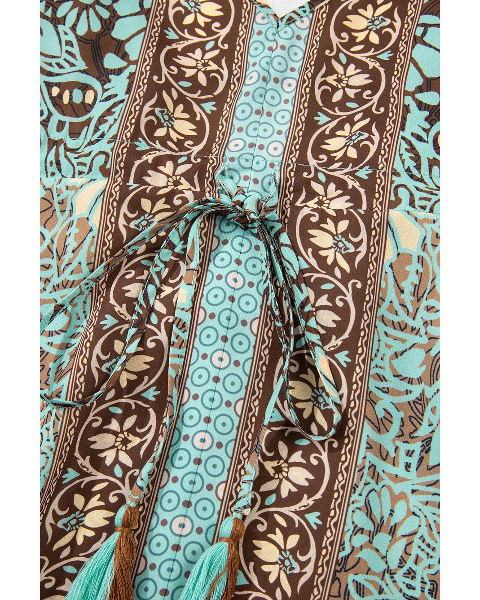 Green Floral Print V Neck Ruffled Trim Backless Tassel Waist Maxi Dress - M