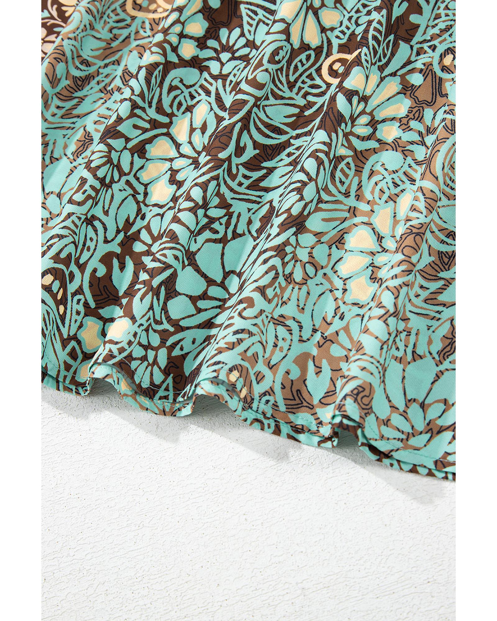 Green Floral Print V Neck Ruffled Trim Backless Tassel Waist Maxi Dress - M