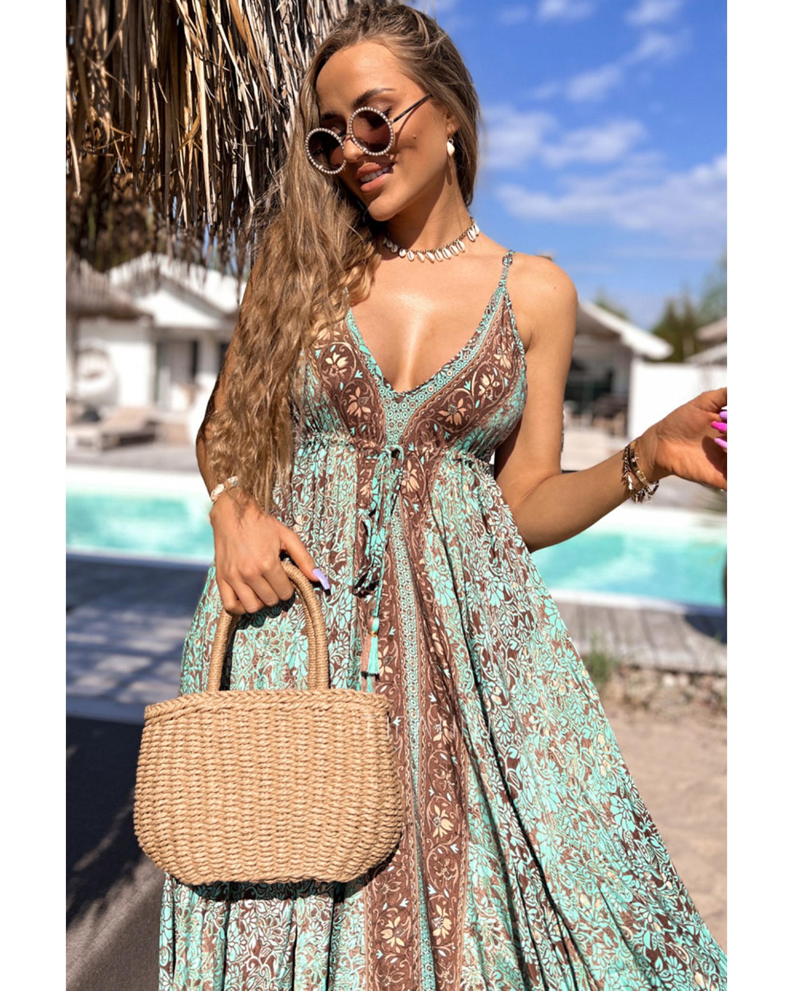 Green Floral Print V Neck Ruffled Trim Backless Tassel Waist Maxi Dress - XL