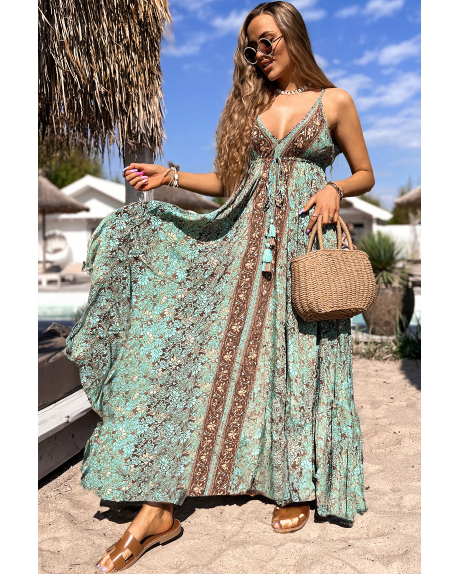 Green Floral Print V Neck Ruffled Trim Backless Tassel Waist Maxi Dress - XL