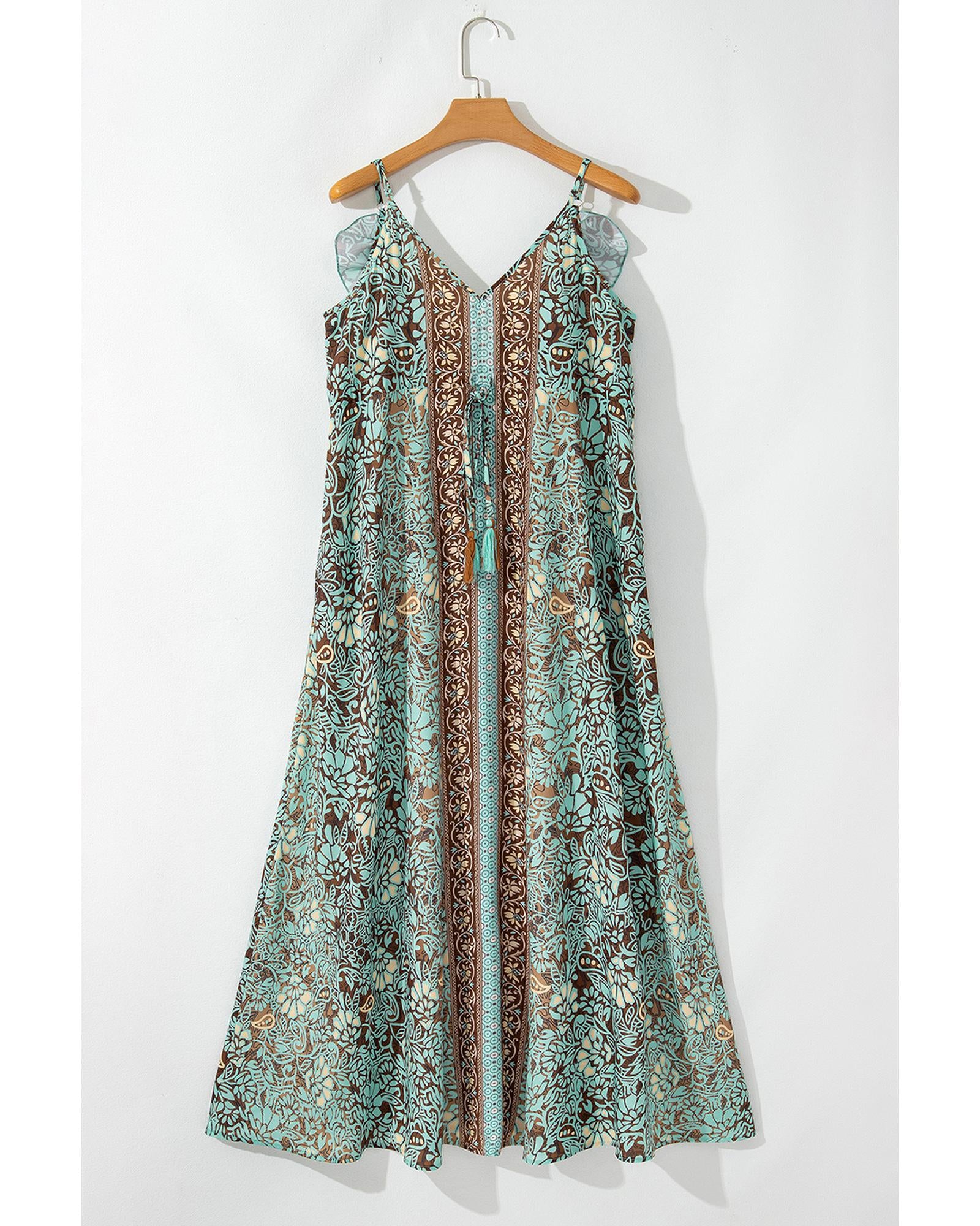 Green Floral Print V Neck Ruffled Trim Backless Tassel Waist Maxi Dress - XL