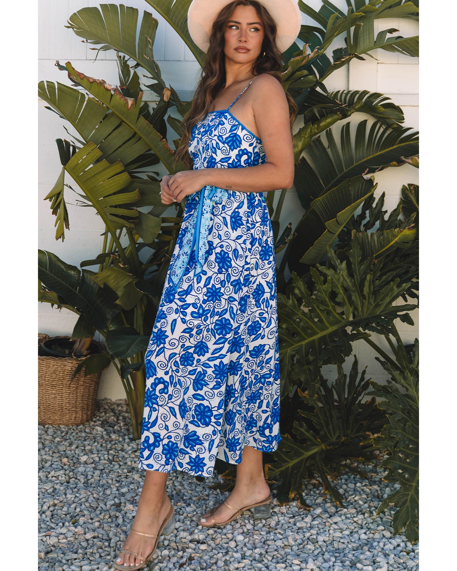 Blue Floral Printed Spaghetti Strap Maxi Dress with Waist Tie - M