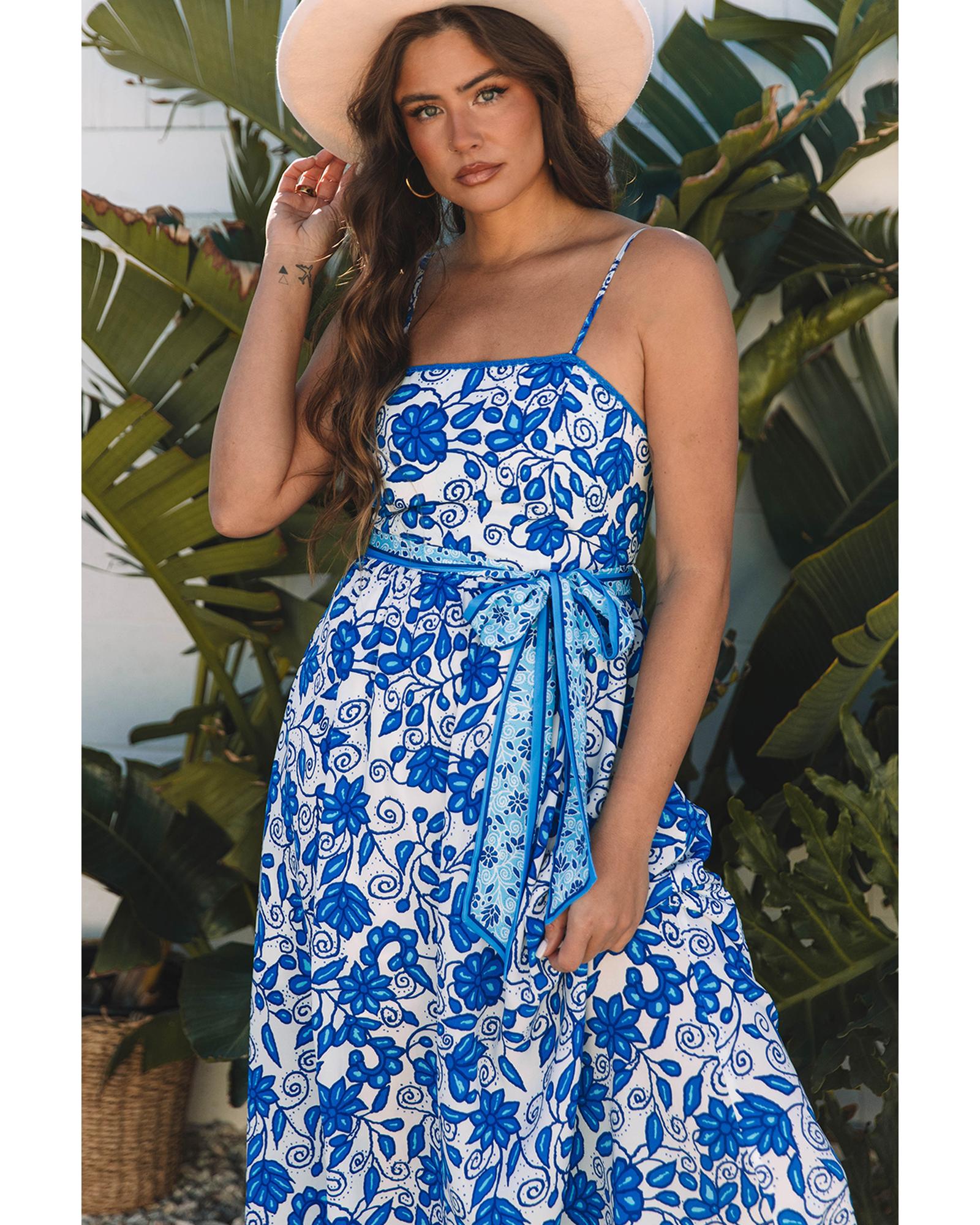 Blue Floral Printed Spaghetti Strap Maxi Dress with Waist Tie - XL