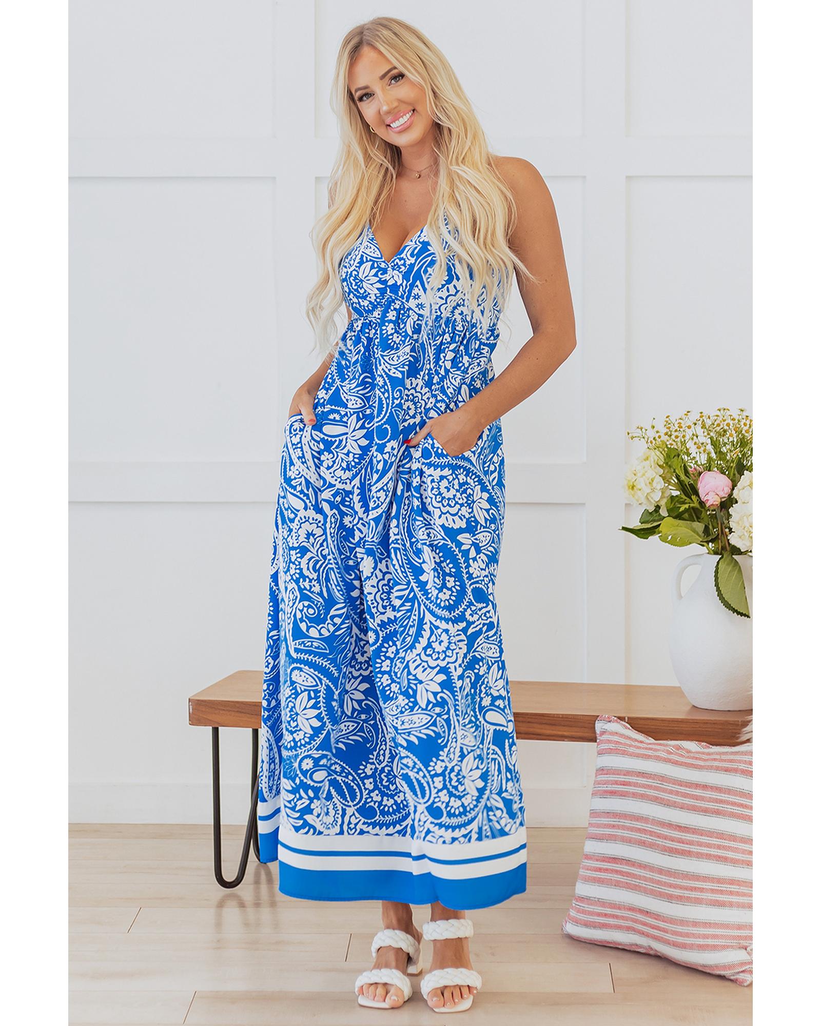 Blue Paisley V Neck Crisscross Backless Maxi Dress - L