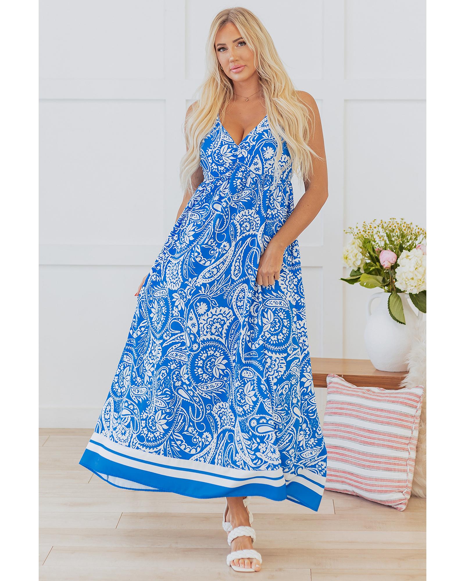 Blue Paisley V Neck Crisscross Backless Maxi Dress - M