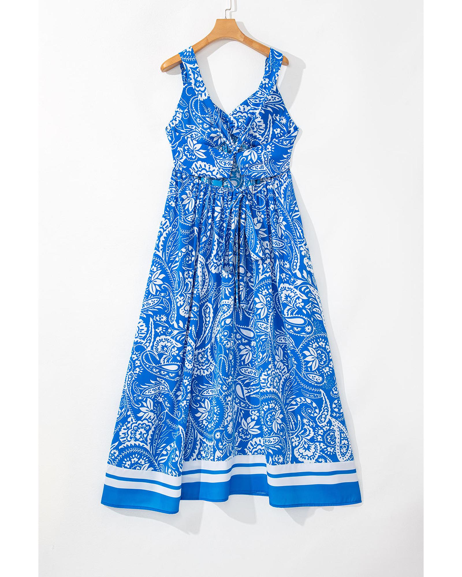 Blue Paisley V Neck Crisscross Backless Maxi Dress - M
