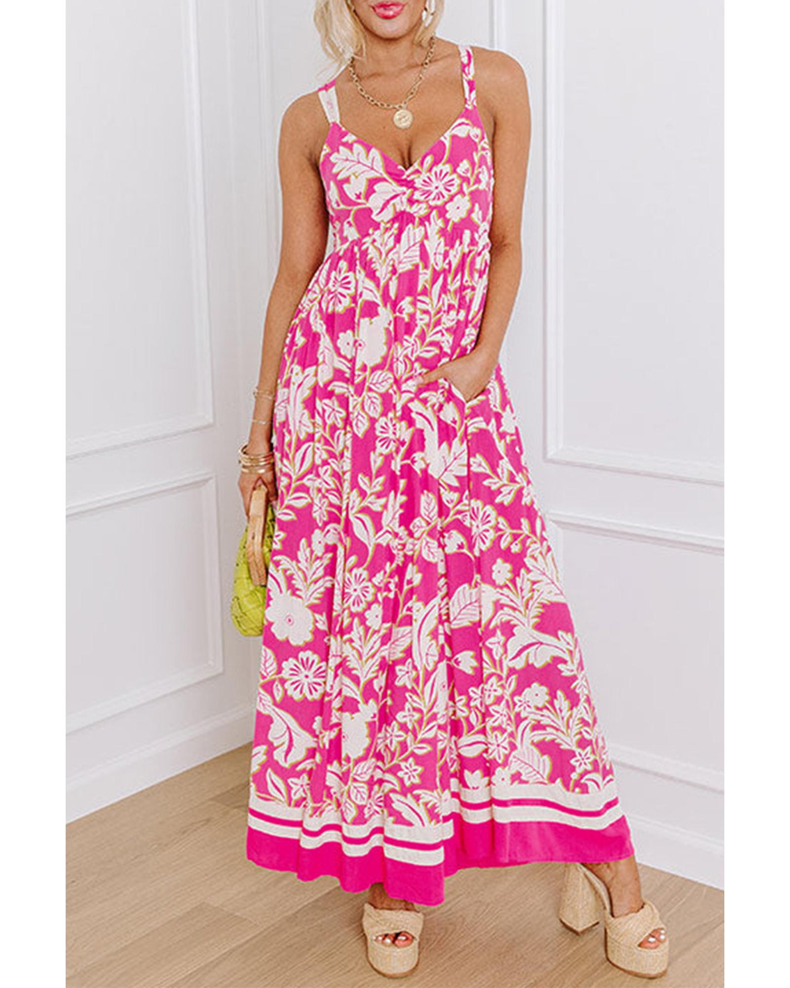 Rose Floral V Neck Crisscross Backless Maxi Dress - M