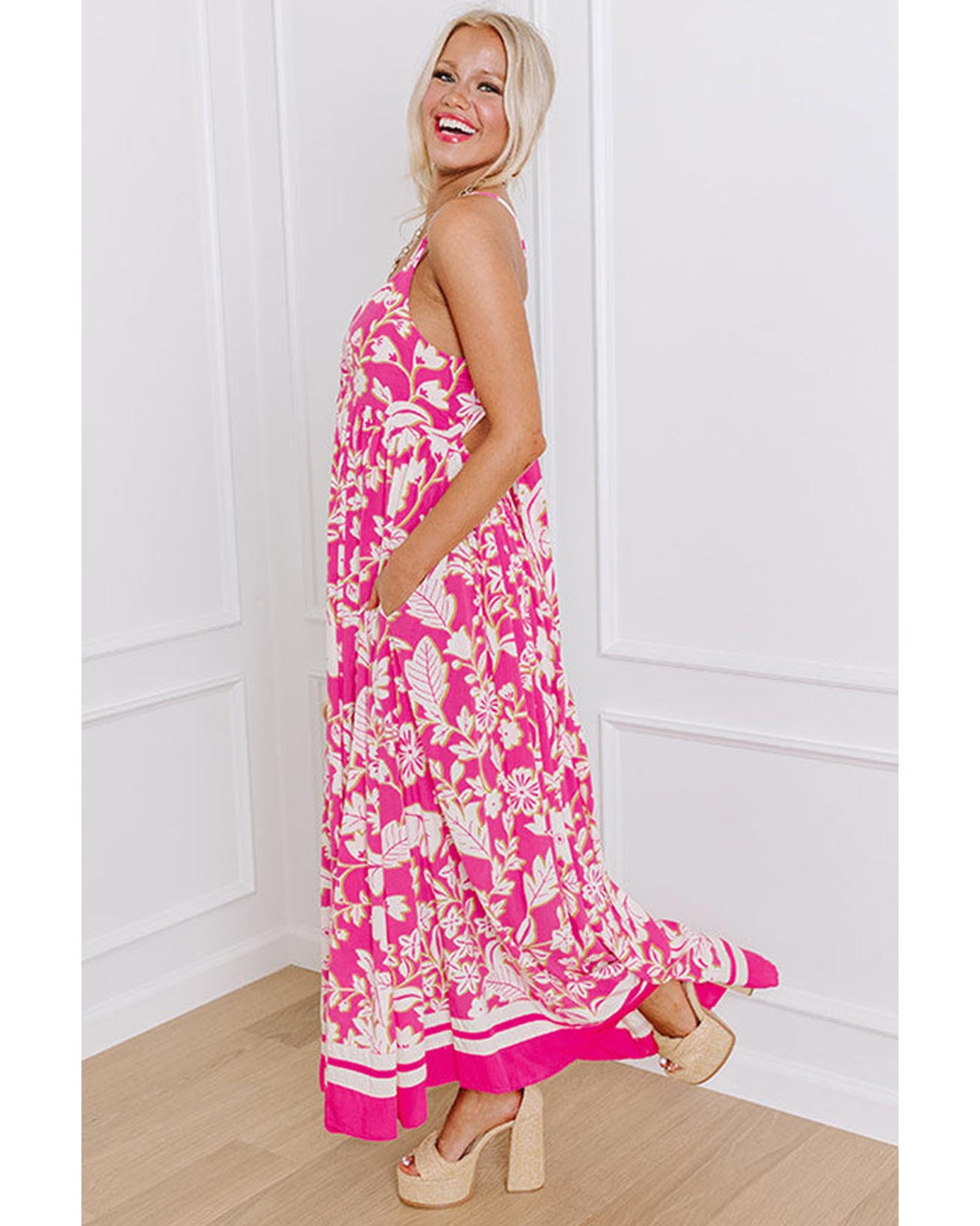 Rose Floral V Neck Crisscross Backless Maxi Dress - M