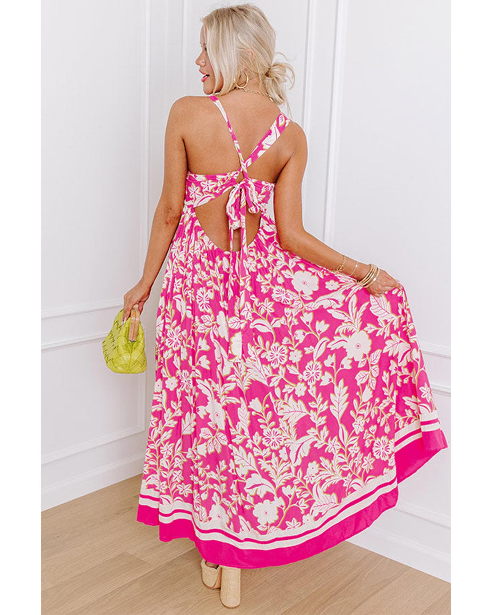 Rose Floral V Neck Crisscross Backless Maxi Dress - M