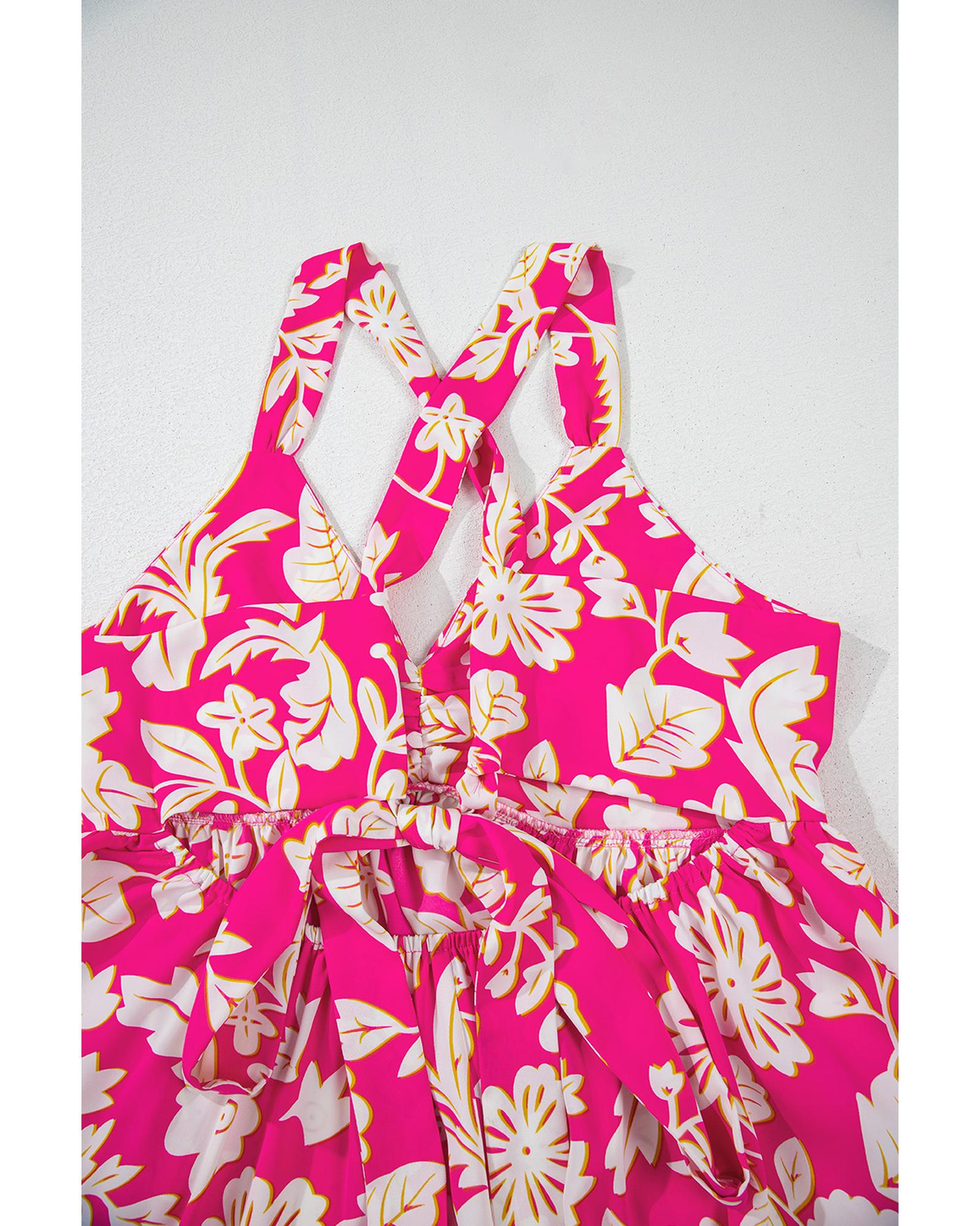 Rose Floral V Neck Crisscross Backless Maxi Dress - M