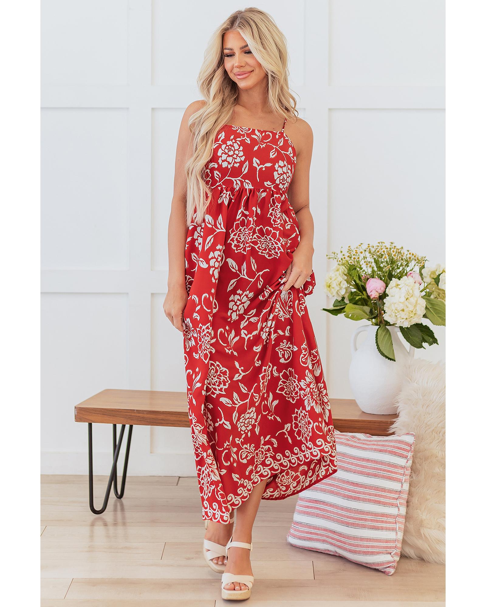 Red Floral Printed Spaghetti Strap Empire Waist Maxi Dress - L
