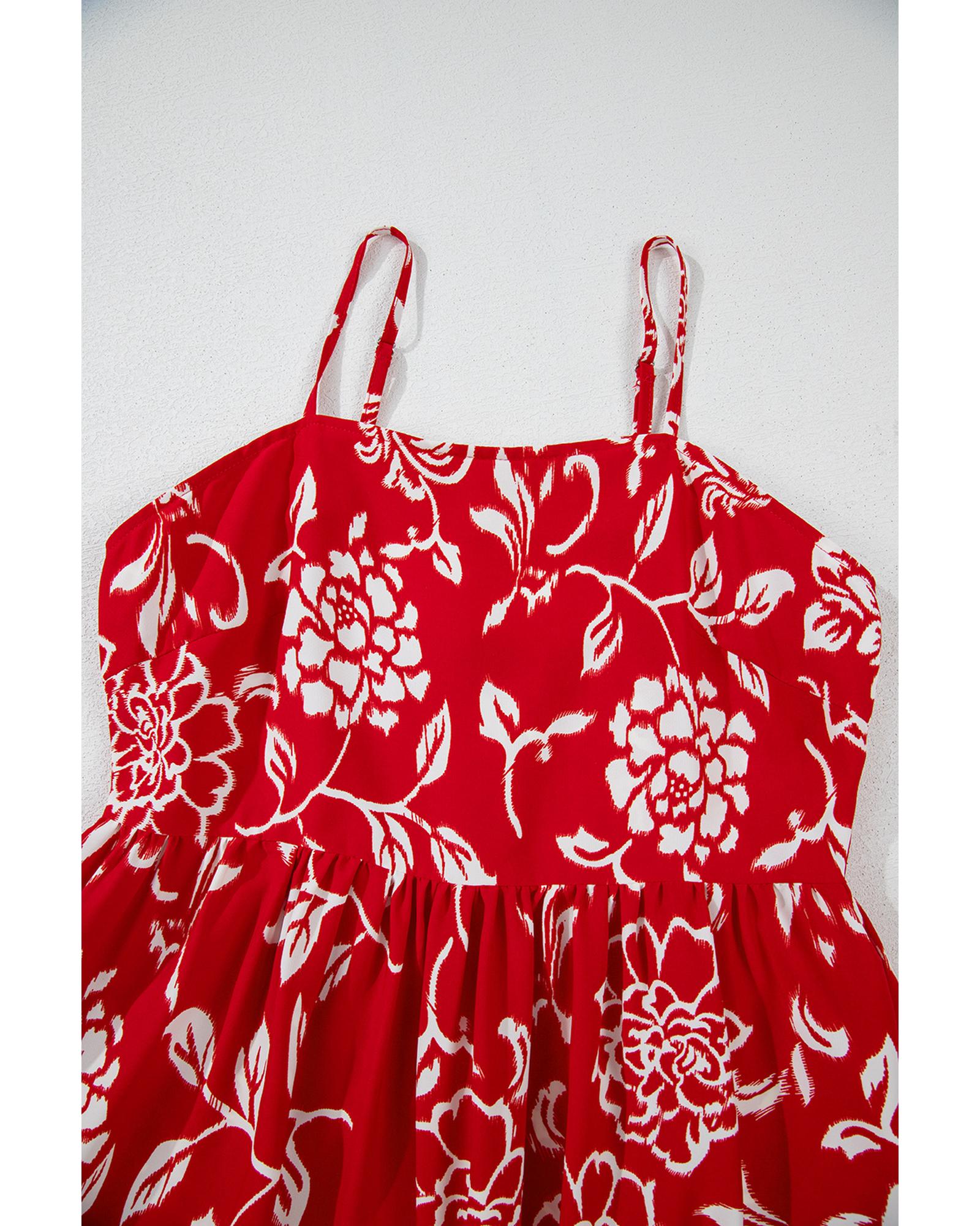 Red Floral Printed Spaghetti Strap Empire Waist Maxi Dress - M