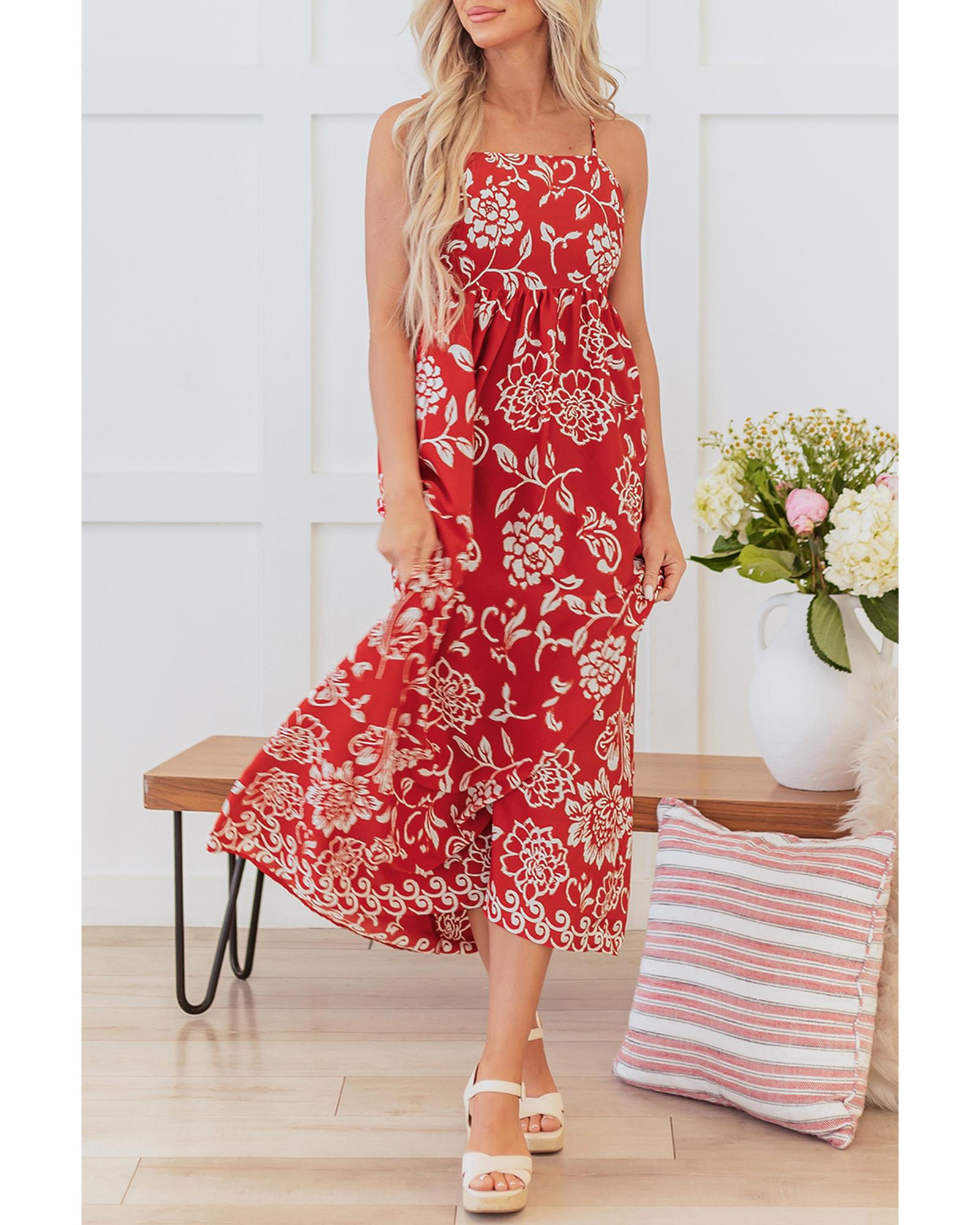 Red Floral Printed Spaghetti Strap Empire Waist Maxi Dress - M