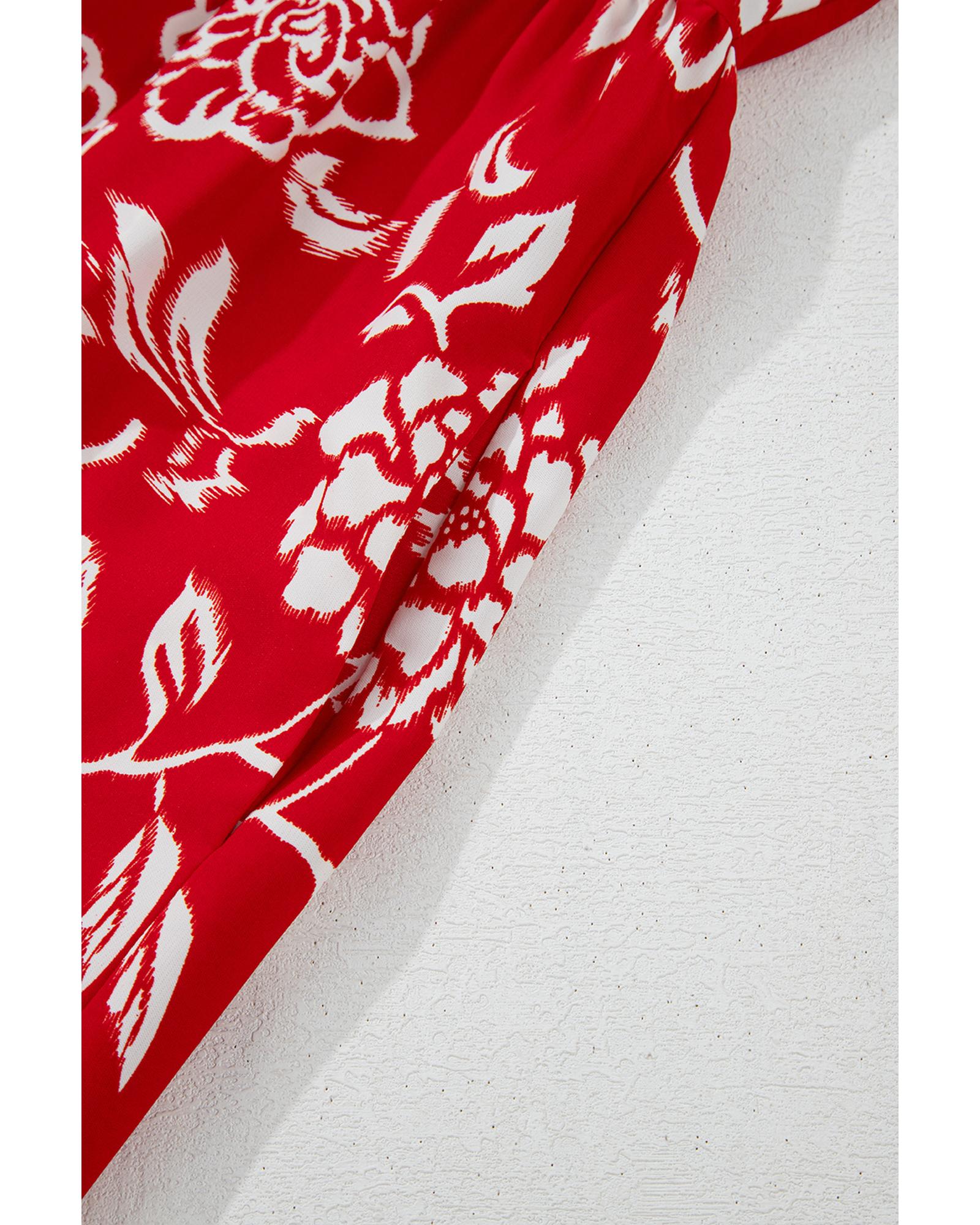 Red Floral Printed Spaghetti Strap Empire Waist Maxi Dress - S