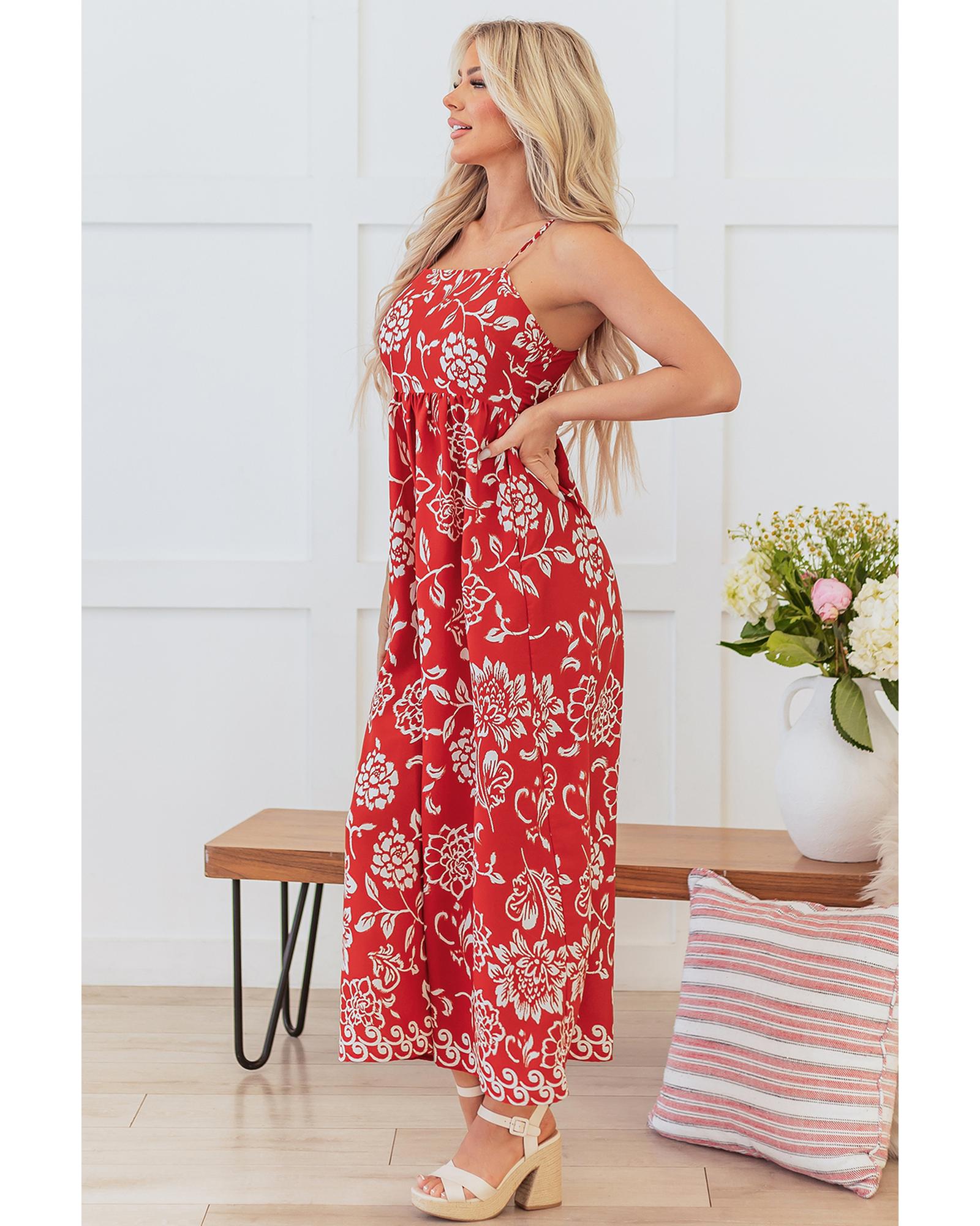Red Floral Printed Spaghetti Strap Empire Waist Maxi Dress - S