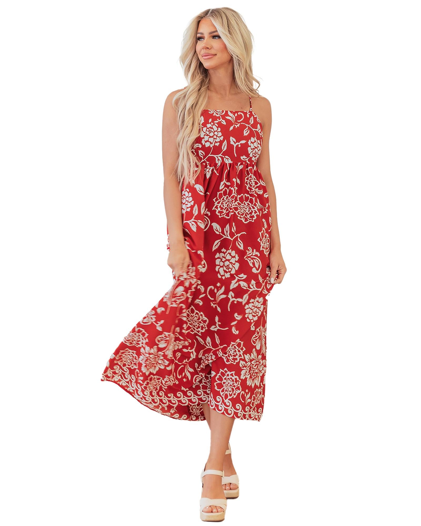 Red Floral Printed Spaghetti Strap Empire Waist Maxi Dress - XL