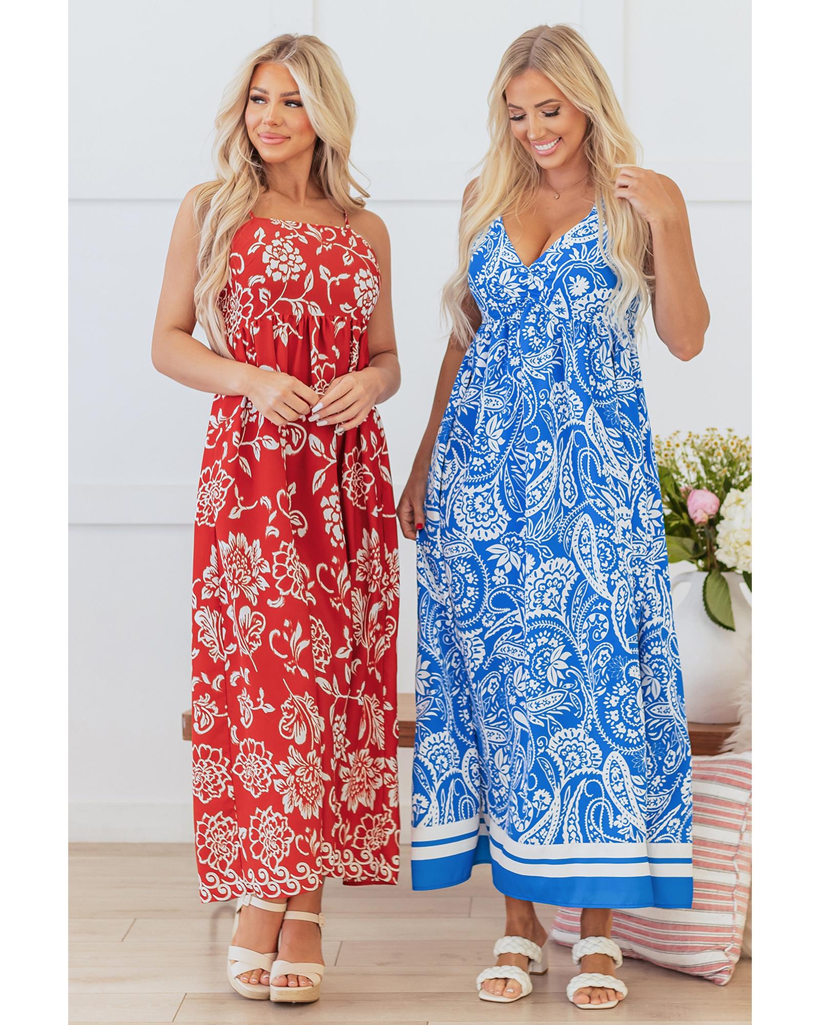 Red Floral Printed Spaghetti Strap Empire Waist Maxi Dress - XL