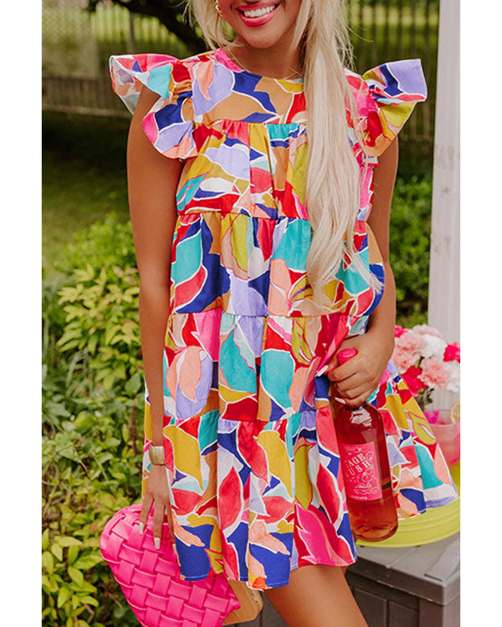 Pink Abstract Printed Ruffled Flutter Sleeve Tiered Mini Dress - M