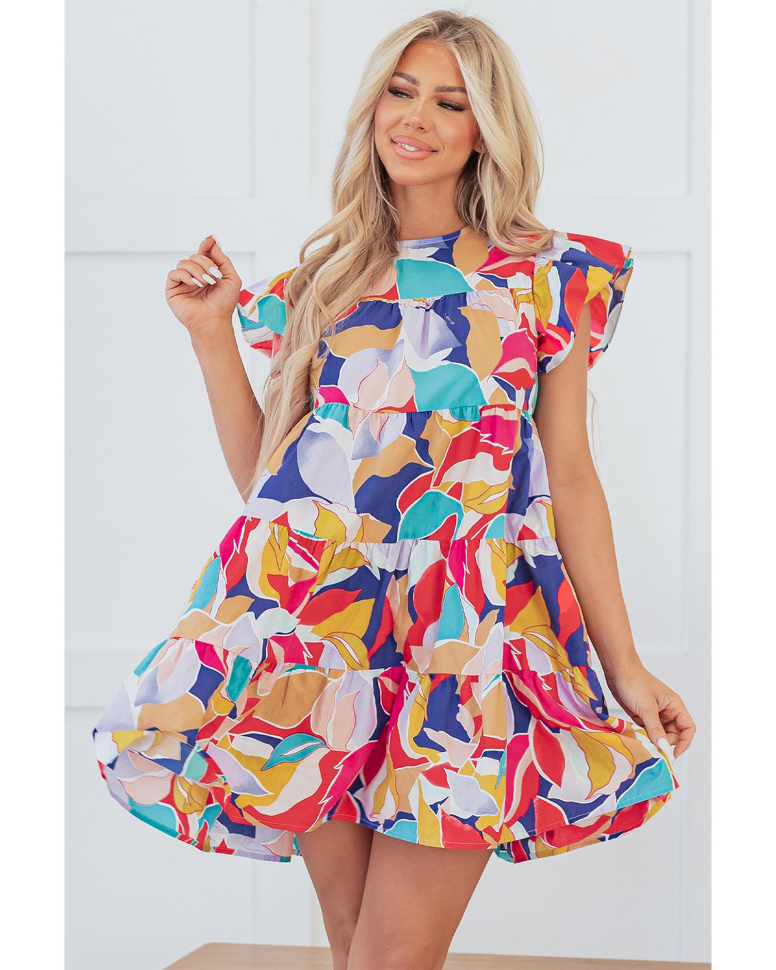 Pink Abstract Printed Ruffled Flutter Sleeve Tiered Mini Dress - S