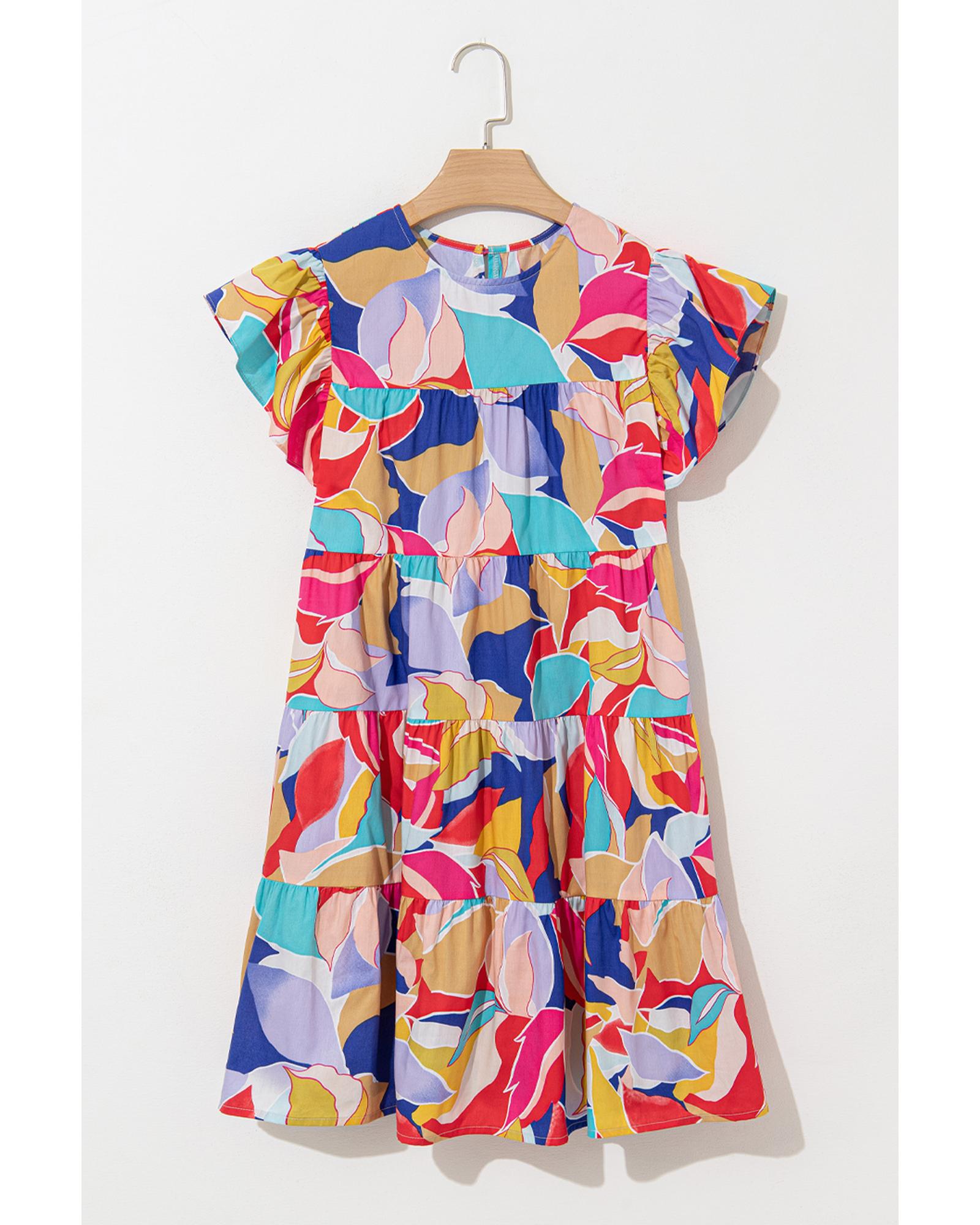 Pink Abstract Printed Ruffled Flutter Sleeve Tiered Mini Dress - S
