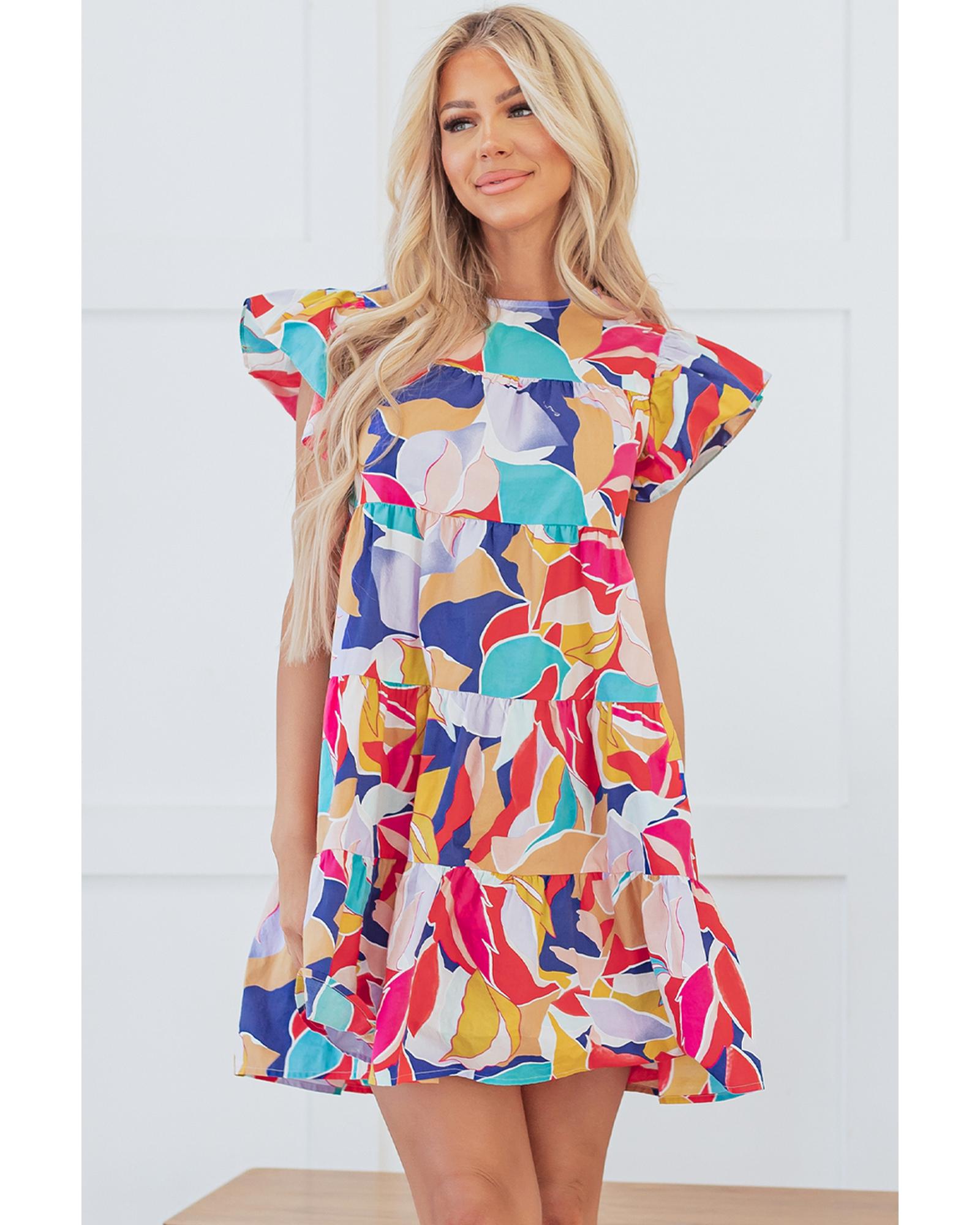 Pink Abstract Printed Ruffled Flutter Sleeve Tiered Mini Dress - S