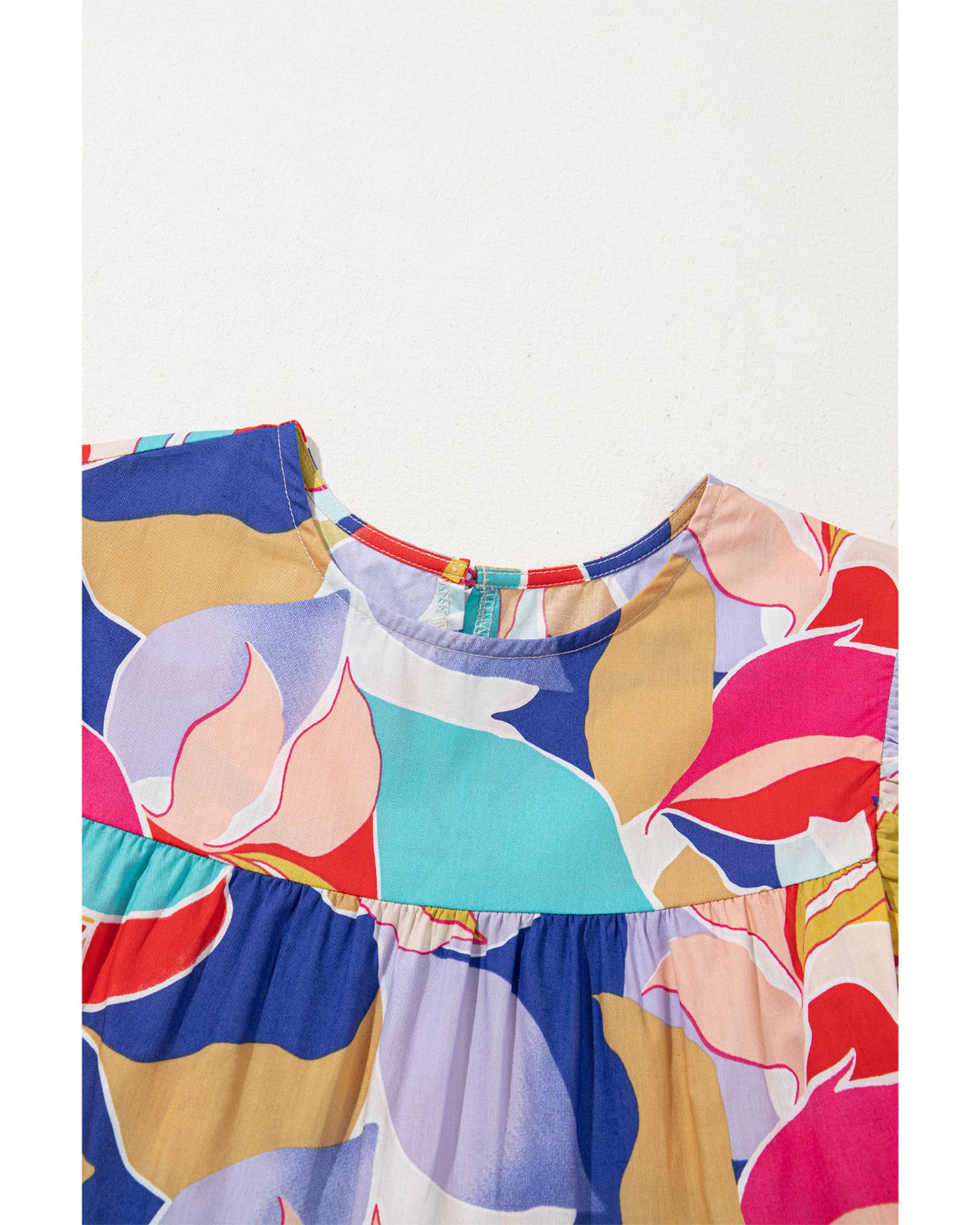 Pink Abstract Printed Ruffled Flutter Sleeve Tiered Mini Dress - XL