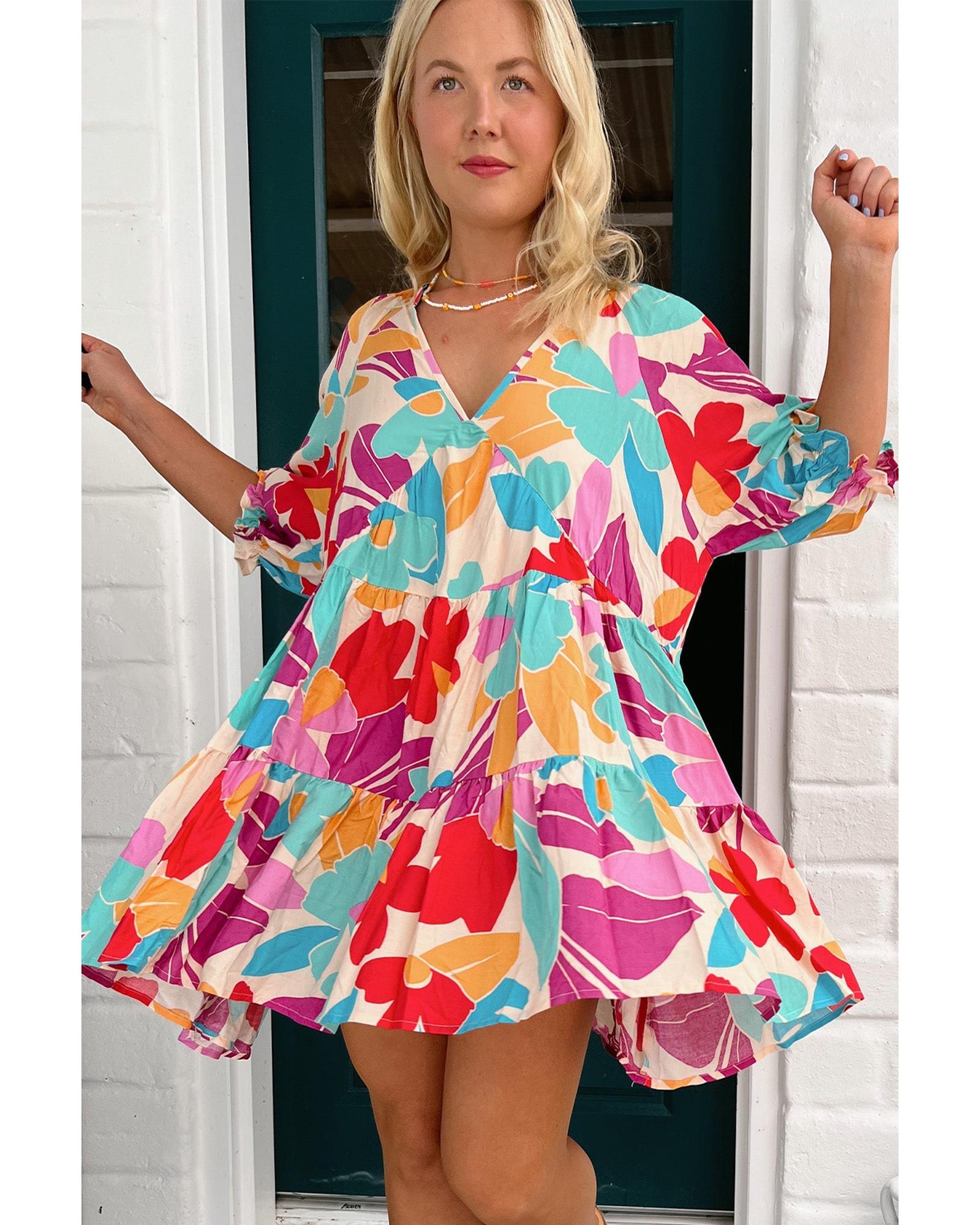 Rose Red Floral Bubble Sleeve V Neck Tiered Ruffle Babydoll Dress - XL