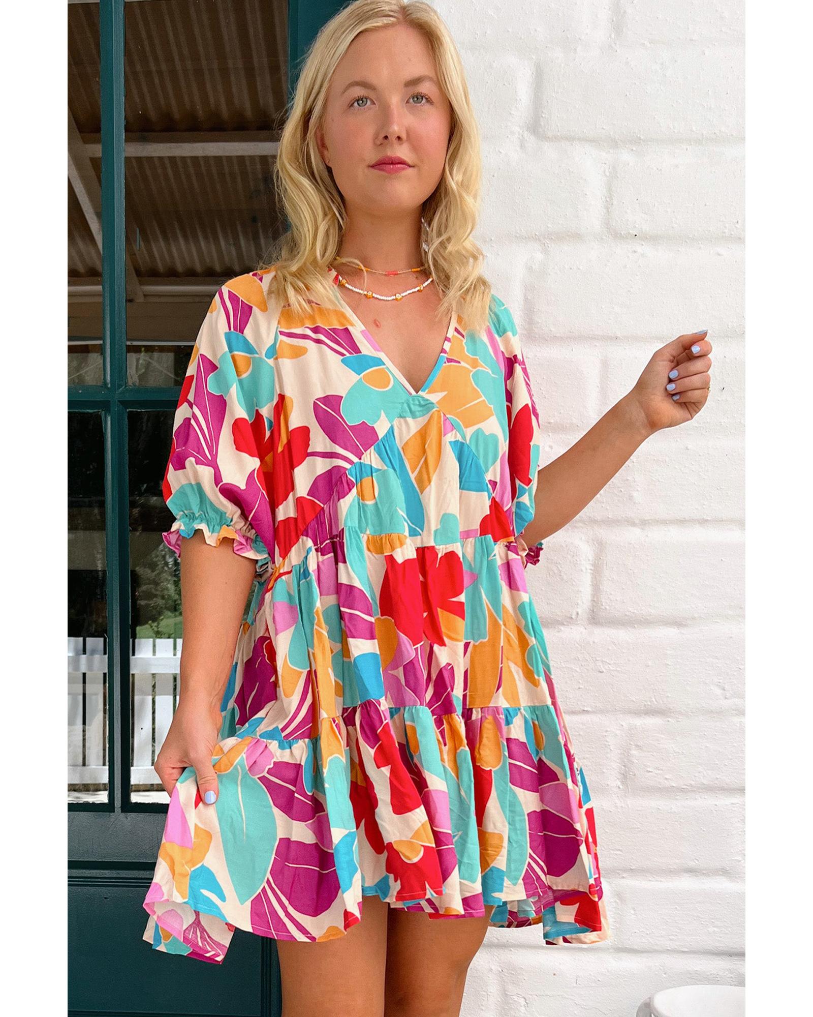 Rose Red Floral Bubble Sleeve V Neck Tiered Ruffle Babydoll Dress - XL