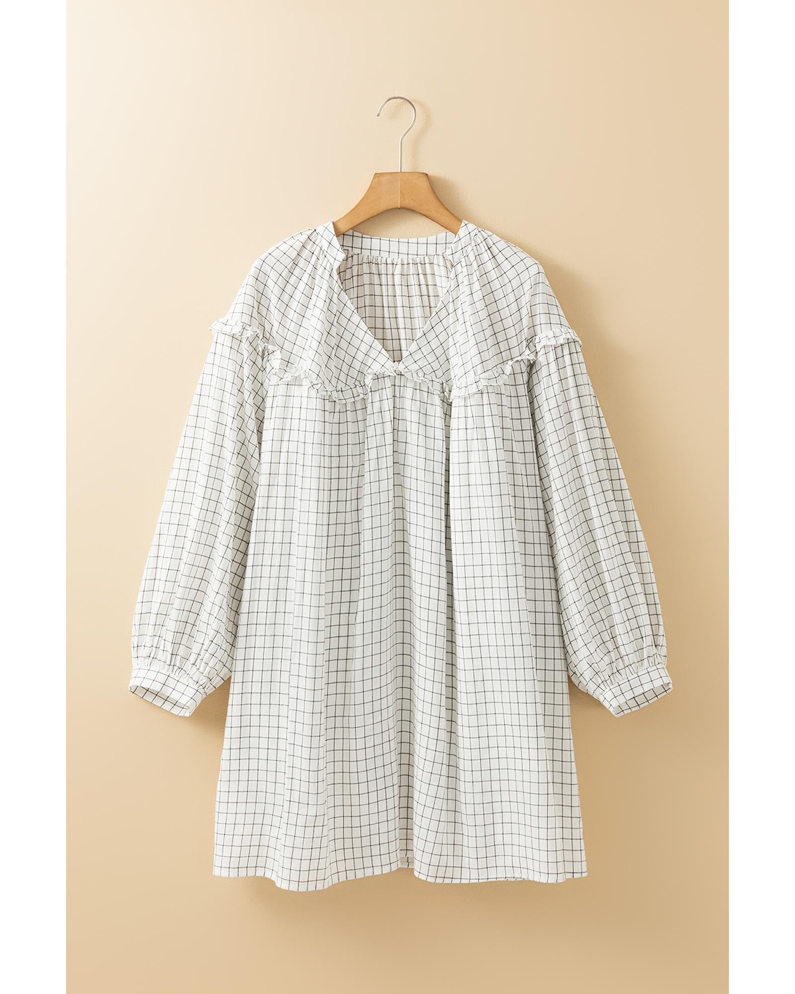 White Stripe Checkered Frilled V Neck Bracelet Sleeve Babydoll Dress - L