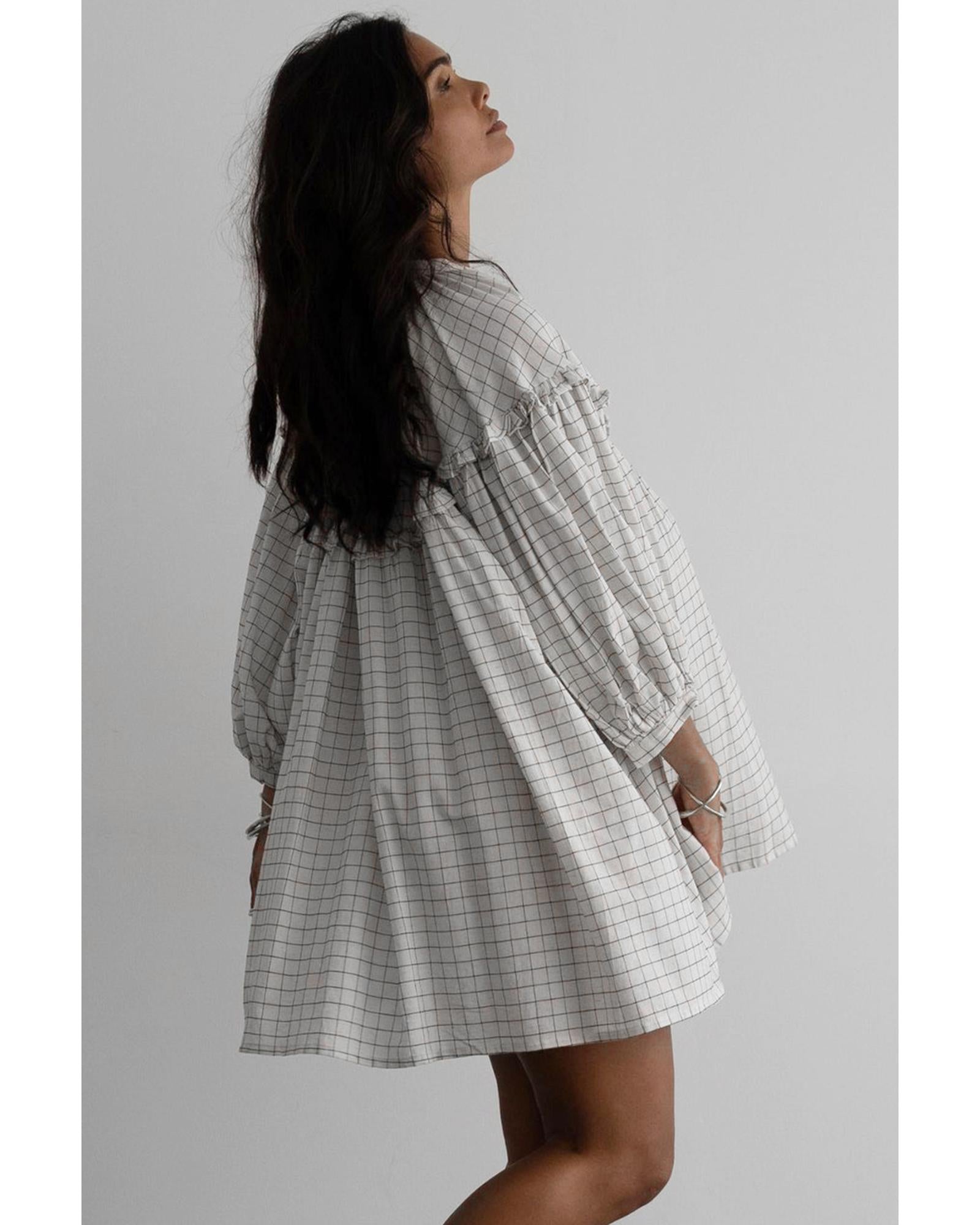 White Stripe Checkered Frilled V Neck Bracelet Sleeve Babydoll Dress - M
