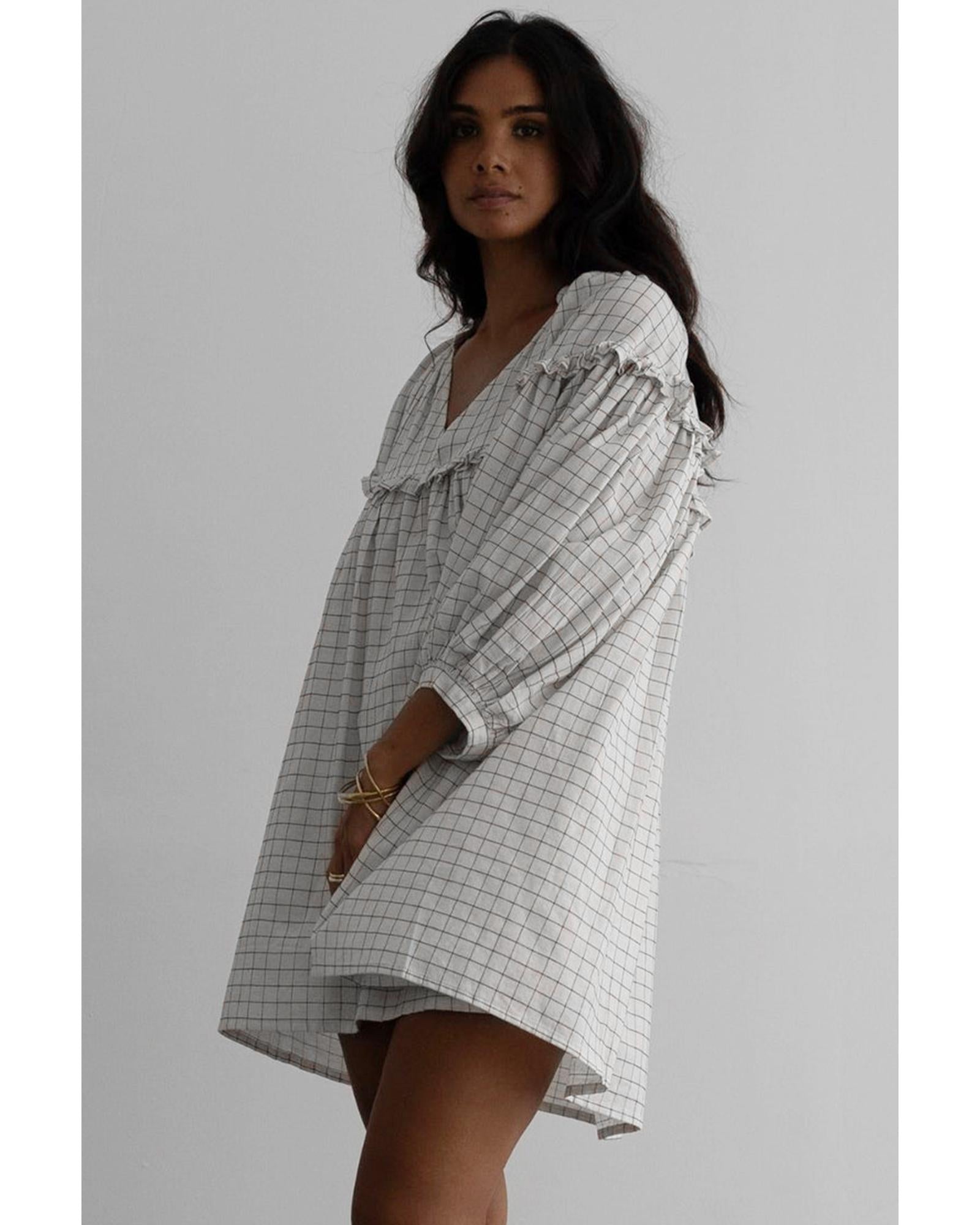 White Stripe Checkered Frilled V Neck Bracelet Sleeve Babydoll Dress - M