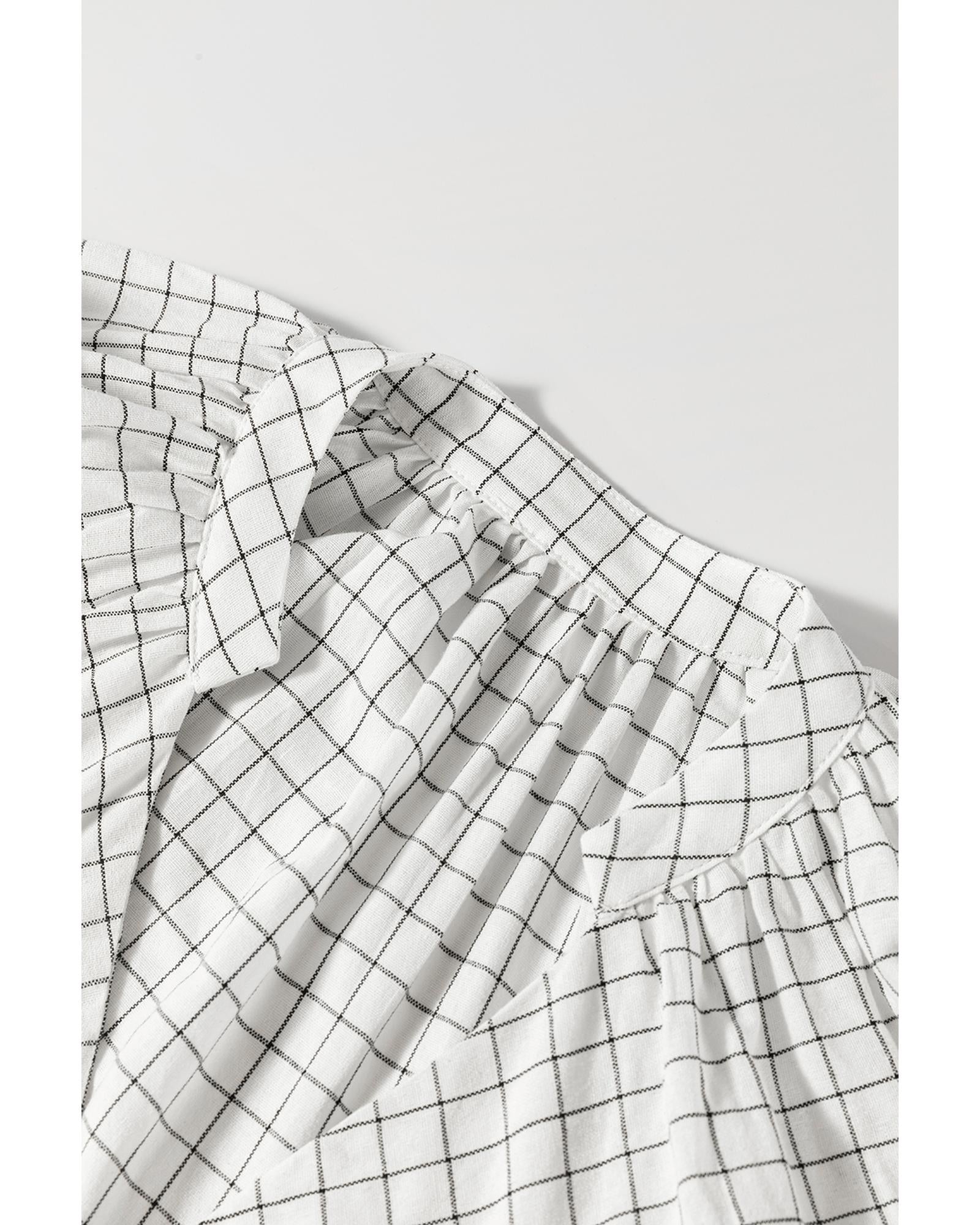 White Stripe Checkered Frilled V Neck Bracelet Sleeve Babydoll Dress - XL